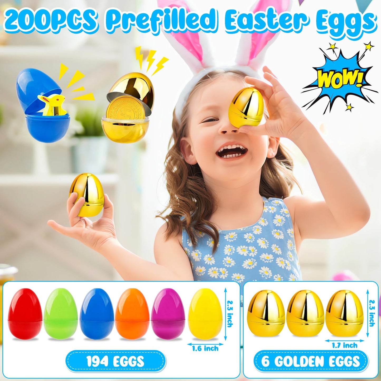 WOWSCAN [ 6 Surprise Golden Eggs ] 200 PACK Prefilled Easter Egg Fillers with Novelty Toys Inside, Easter Basket Stuffers Classroom Prizes Supplies Egg Hunt Party Favors for Kids Toddlers Boys Girls