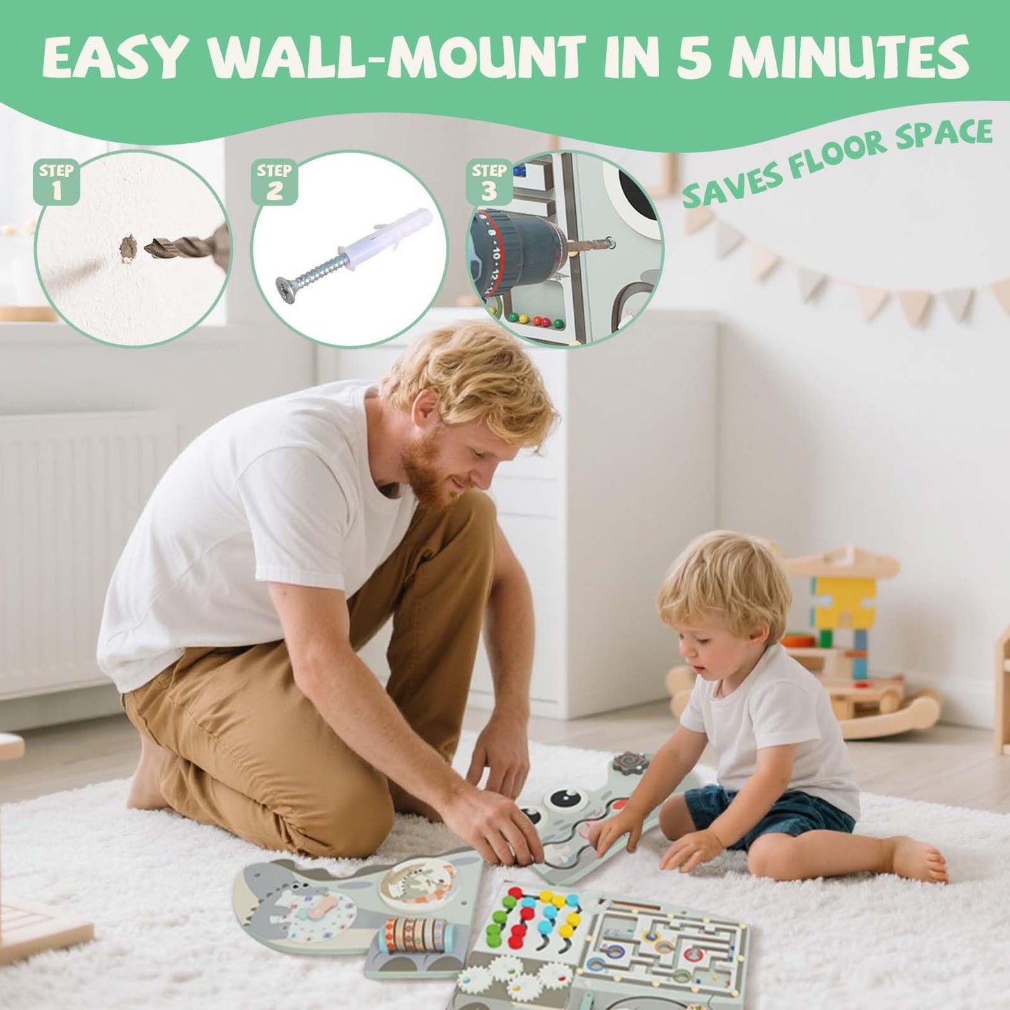 Potatomato Green Montessori Busy Board – Educational Wall Panel for Toddlers – Montessori for Boys and Girls – Learning Activity Center – Fine Motor Skills Toys – Autism Toys