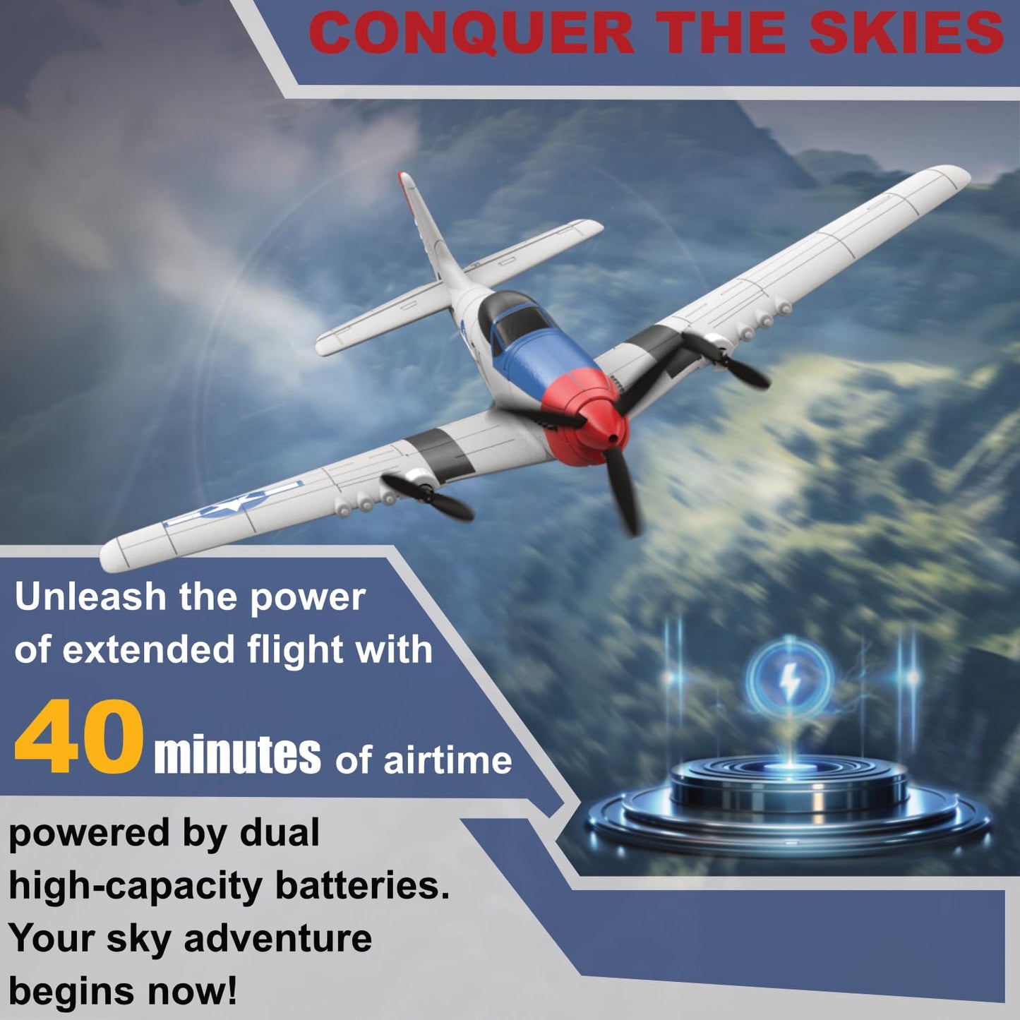 ANBURI RC Plane for Beginners, P51 Remote Control Airplane for Adults, 2.4GHz 3 Channel Fighter Featuring 6 Axis Gyro Stabilizer, Easy to Fly