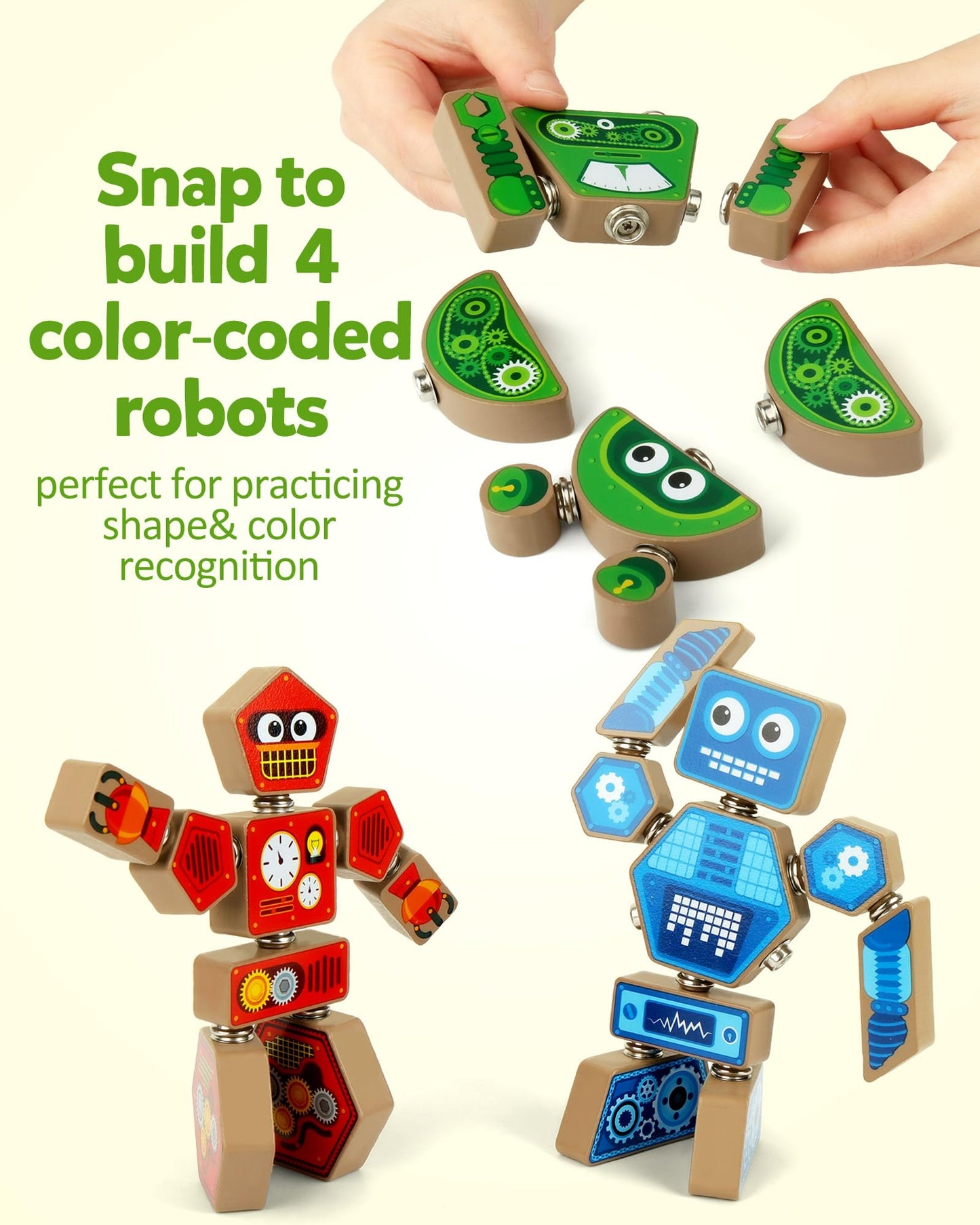 Coogam Snap Together Robot Builders for Toddlers, Wooden Take Apart Robot Build Block Playset, Fine Motor Skill STEM Educational Montessori Toy Gift for 3 4 5 Years Old Kids