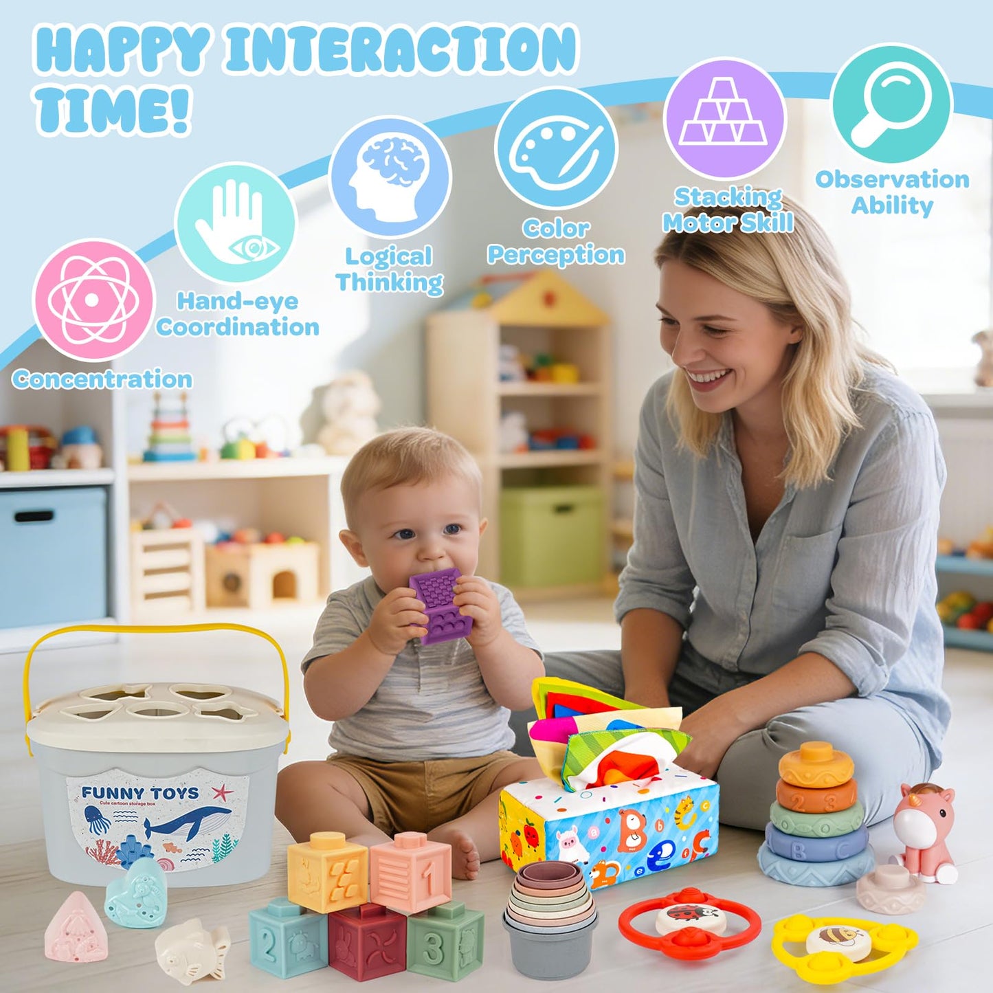 Wowlyntoy Montessori Toys for Babies 6-12-18 Months 6 in 1 Infant Toy Stacking Cups, Shape Sorter Box, Suction Spinner, Building Blocks Ring, Tissue Box, Learning Gift for Toddler 1 2 3 Year Old