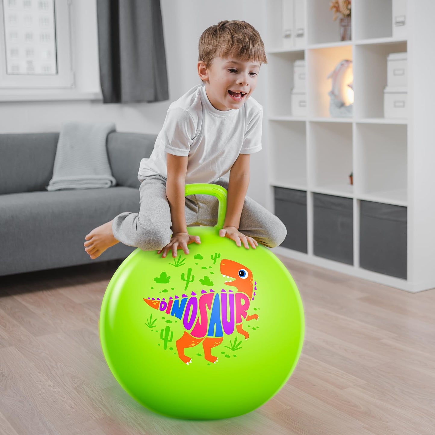 ZOOJOY Hopper Ball for Kids, 18In Bouncy Ball with Handle, Inflatable Green Dinosaur Boys Toys with Pump, Indoor Outdoor Hopping Gifts for Boys Girls 3 4 5 6 7 8