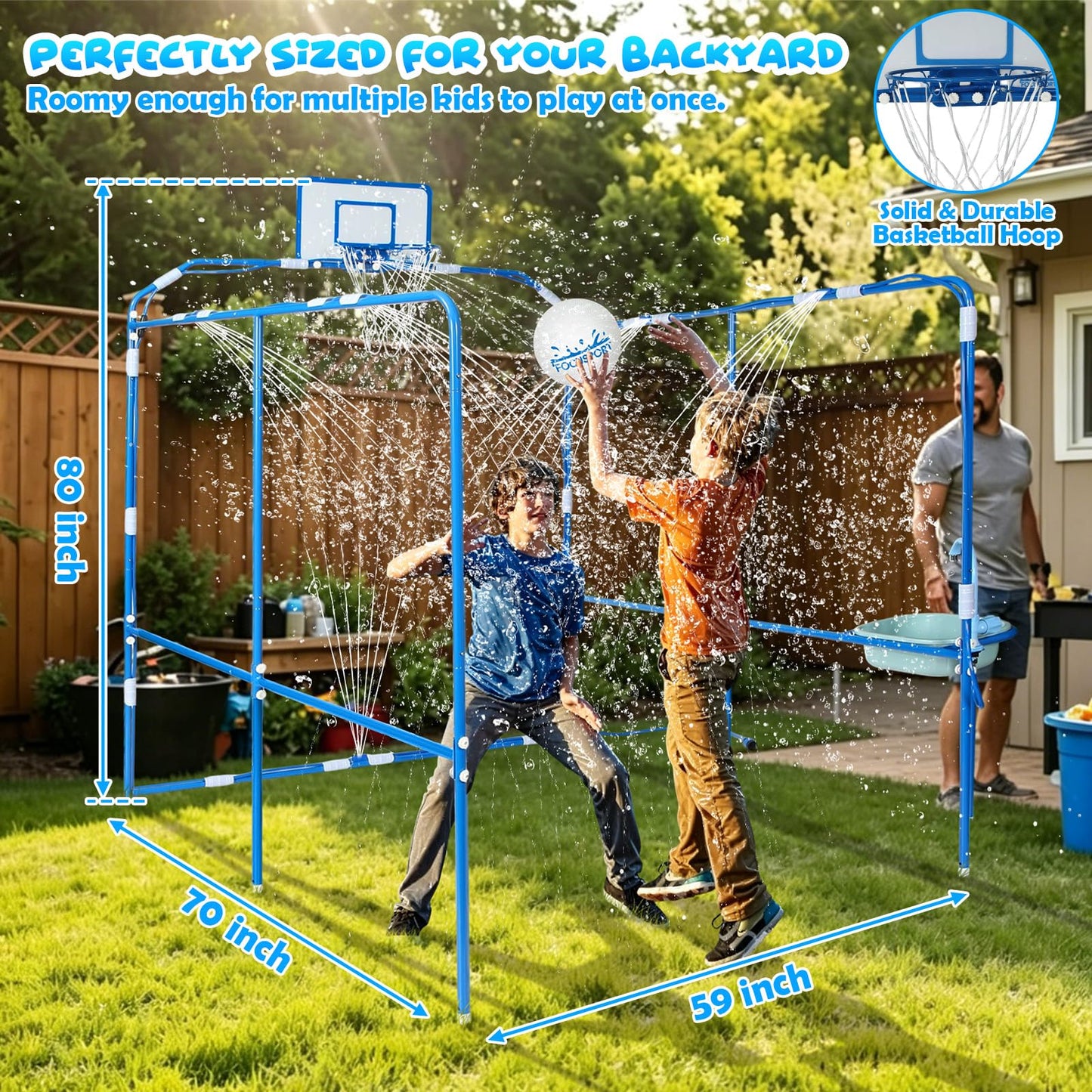 Focusport Backyard Water Park & Basketball Game Set, Heavy-Duty Steel Water Park Sprinkler Toy Game with 2 Basketballs, Water Basin & Faucet, Outdoor Summer Water Fun Play Toys for Kids & Family