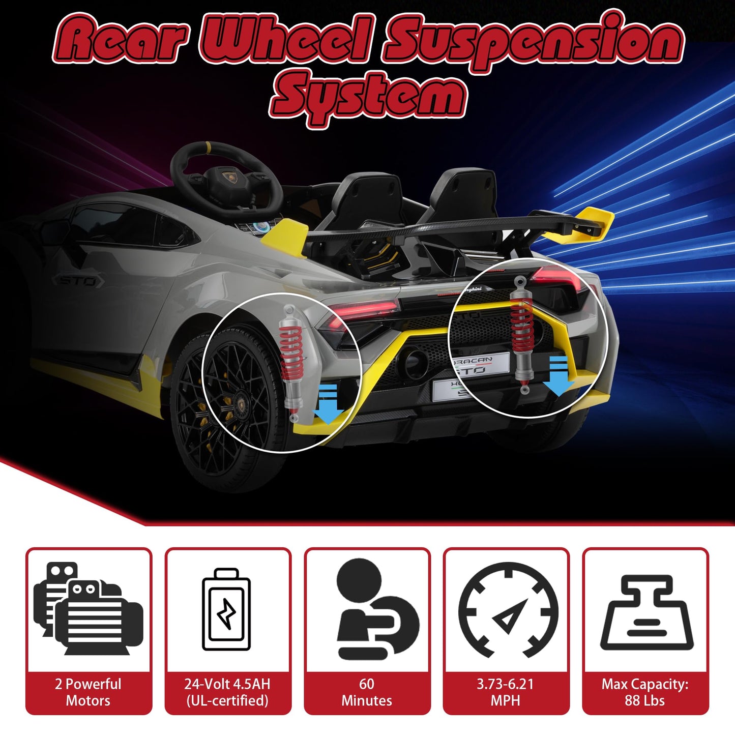 TOBBI Kids Ride on 24V Licensed Lamborghini STO Electric Car for Kids 3-8 Battery Powered Ride on Toys Lambo Sports Car with Remote Control Motorized Drift Vehicle High Speed 10km/h, Gray
