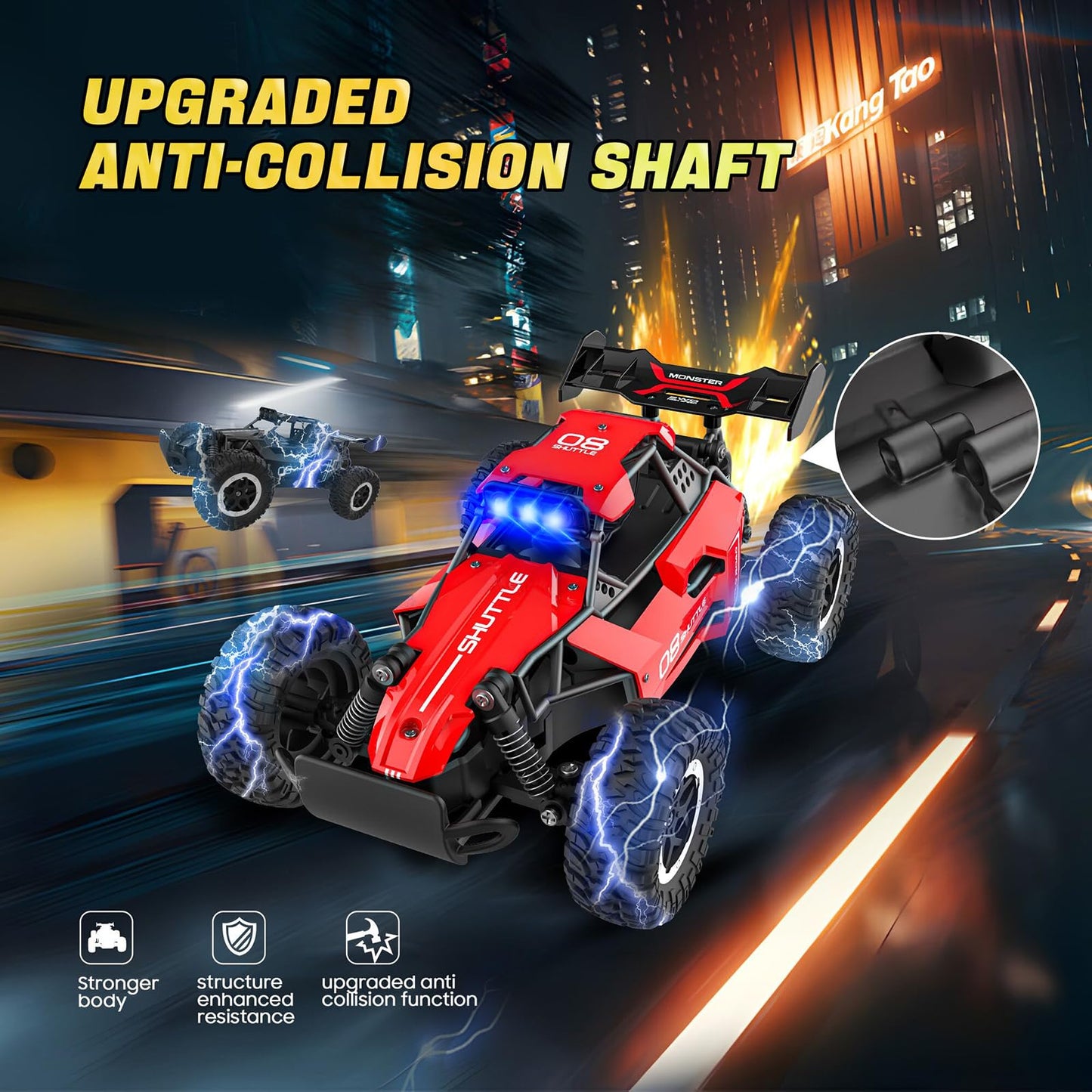Remote Control Car for Kids 3 4 5 6 7+, 20 KM/H High-Speed RC Cars with LED Lights, 2.4GHz 2WD Monster Truck Toys,Toy Cars for Girls Boys,Christmas & Birthday Gifts,Upgraded Anti-Collision Shaft–Red
