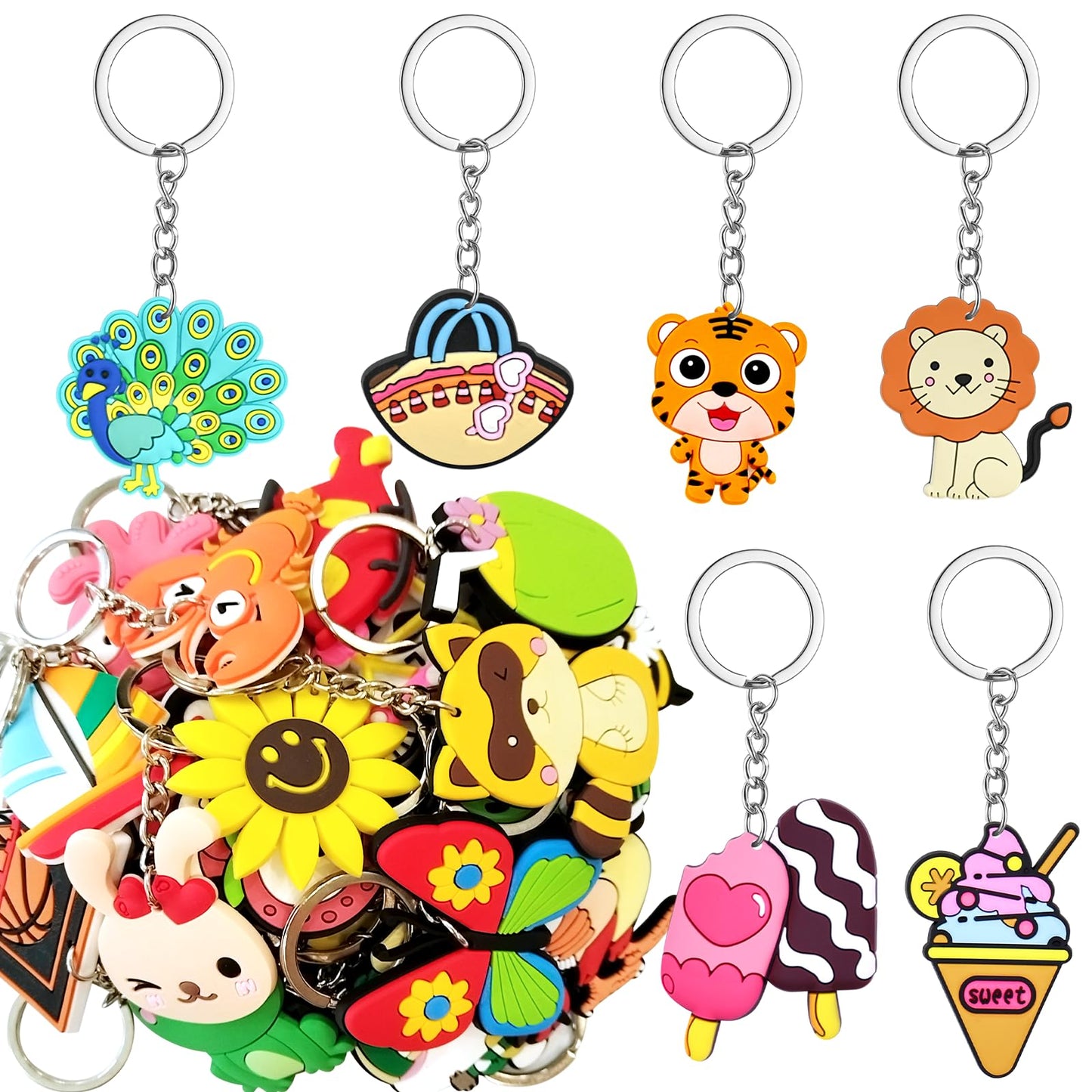 XITDW 30/50pcs Large size thicken Cute Bulk Keychains,Non-Repeat Cartoon Key Chains Backpack Charms for Classroom Prizes Students Incentives Holiday Gifts Party Favors