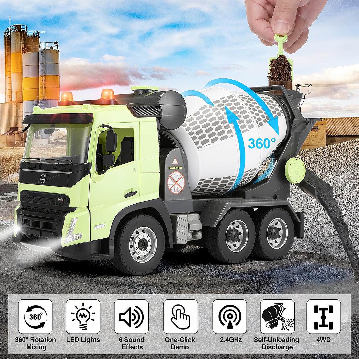 Double E Volvo FMX 1:20 RC Cement Mixer Truck - 360° Rotating Drum + 7 Realistic Sounds & LED Lights, 2.4GHz Anti-Interference for Multi-Vehicle Play - Construction Toy Adults
