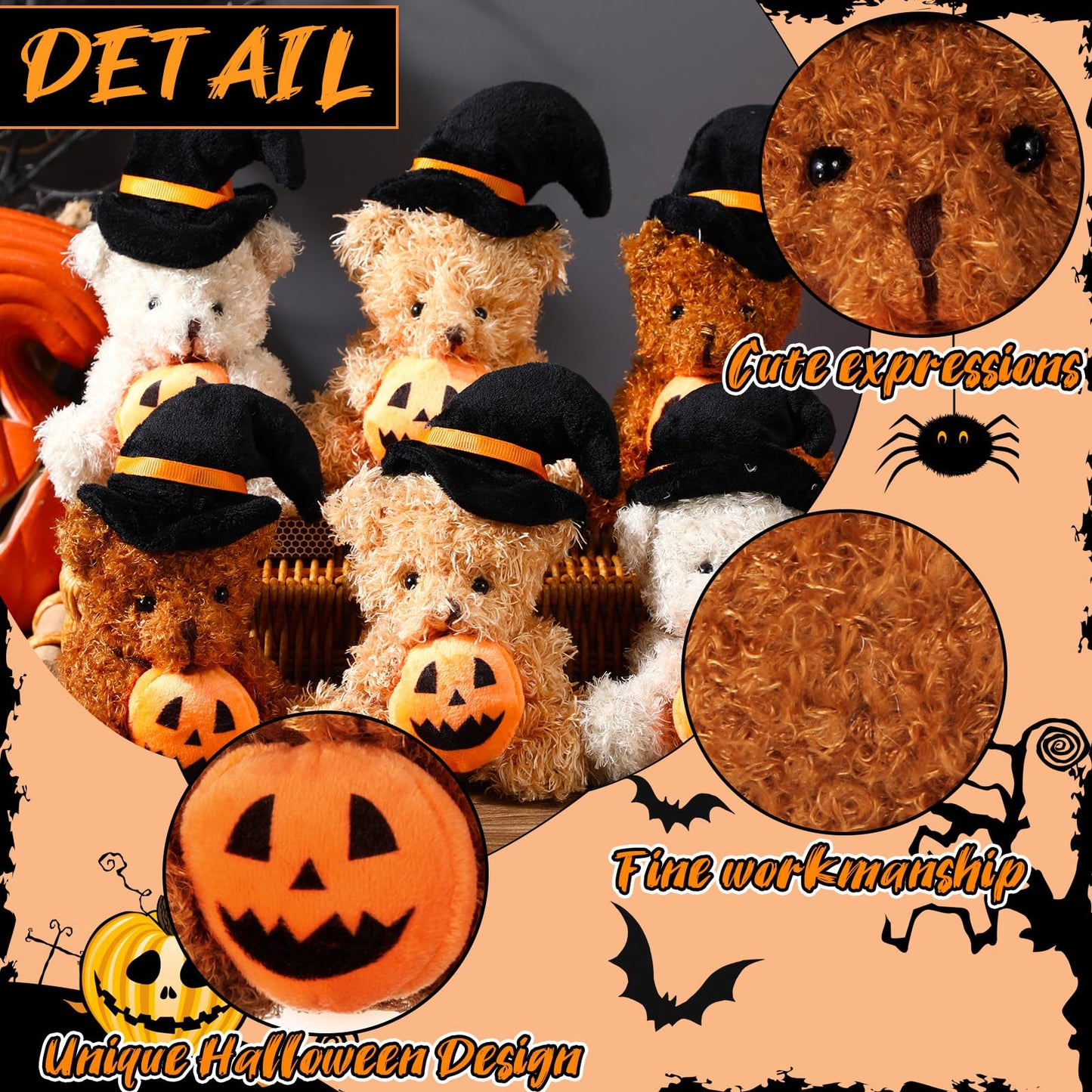 Liliful 20 Pcs Halloween Plush Bear Bulk Mini Halloween Stuffed Animals Bear Toys with Pumpkin and Witch Hat Halloween Stuffed Plush Toy Bear for Halloween Toy Bear Party Decorations Gifts