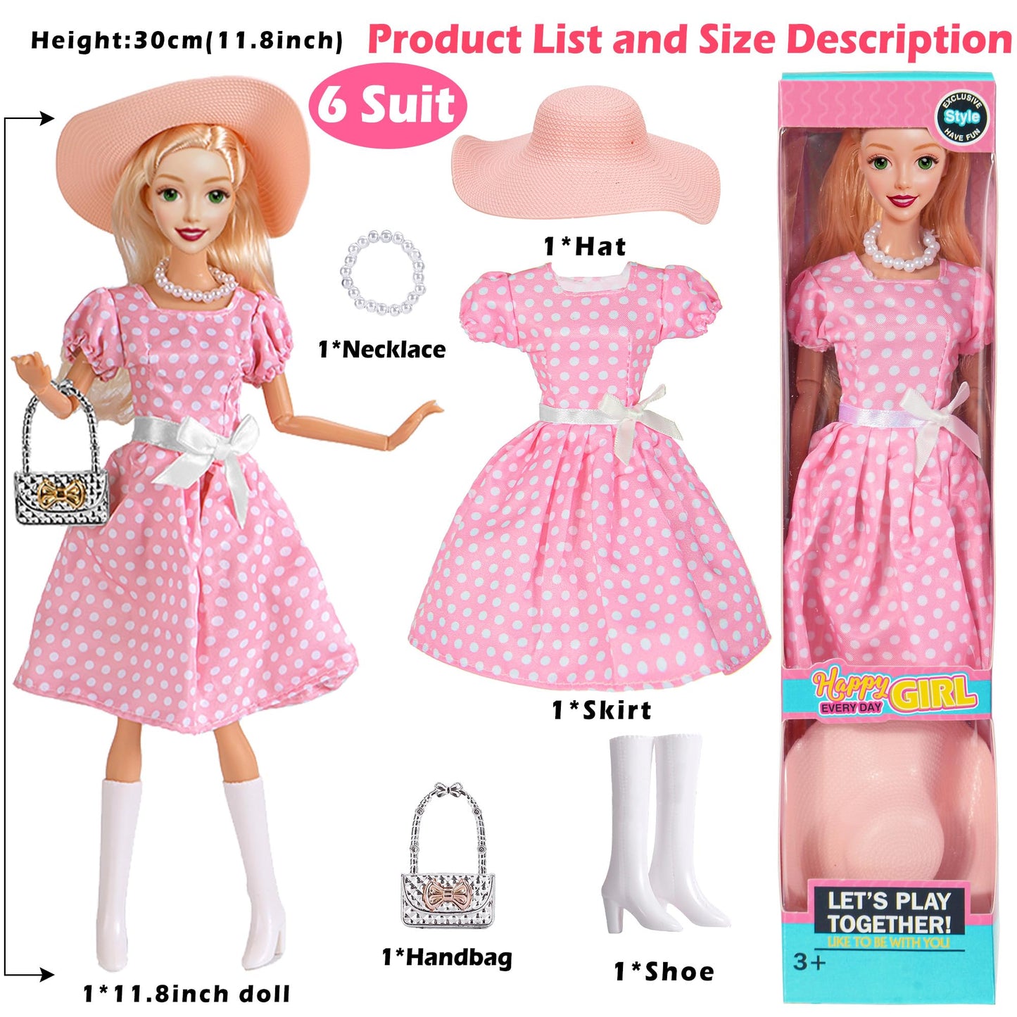 iBayda 6 Pack Fashion 11.5 inch American Toy Prinecess Dolls Playset with Outfits Dress Design and Accessories Like Handbag Hat Crown Necklace Suitcase (Gift Box Package)