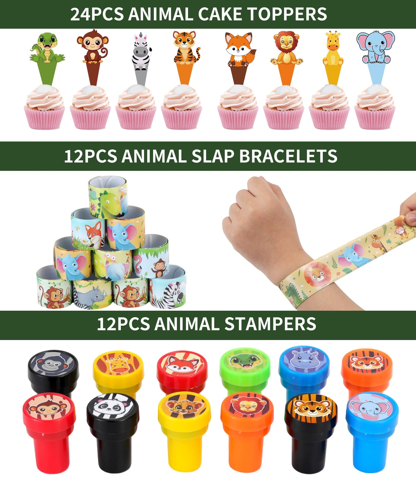 All-in-One - 256 Pcs Wild One Jungle Safari Birthday Party Decorations - Zoo Animal First Birthday Supplies Kit - Includes Favor Boxes, Bubble Wands, Straws, Party Hats, Stickers & Cake Toppers etc
