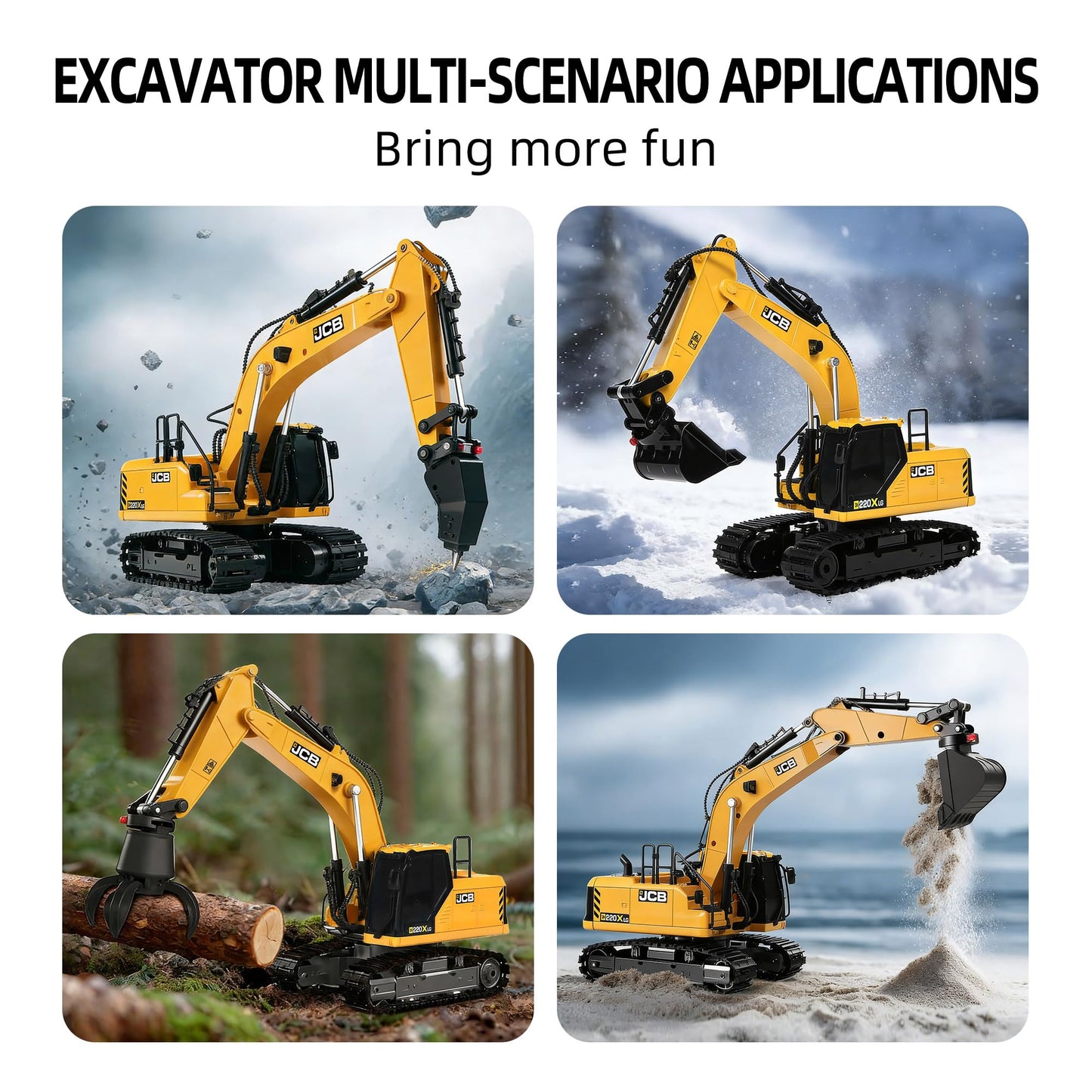 Official JCB BRRRRT 3-in-1 Remote Control Excavator Construction Vehicles with Drill Bit, Grab Bucket & Digging Hook, 14-Channel RC Excavator with Lights & Sounds for Kids Ages 3+