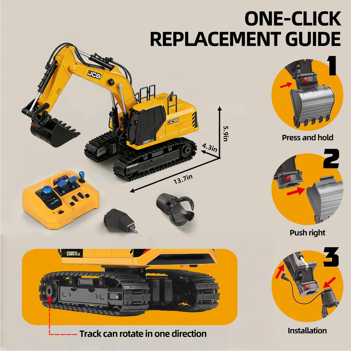 Official JCB BRRRRT 3-in-1 Remote Control Excavator Construction Vehicles with Drill Bit, Grab Bucket & Digging Hook, 14-Channel RC Excavator with Lights & Sounds for Kids Ages 3+