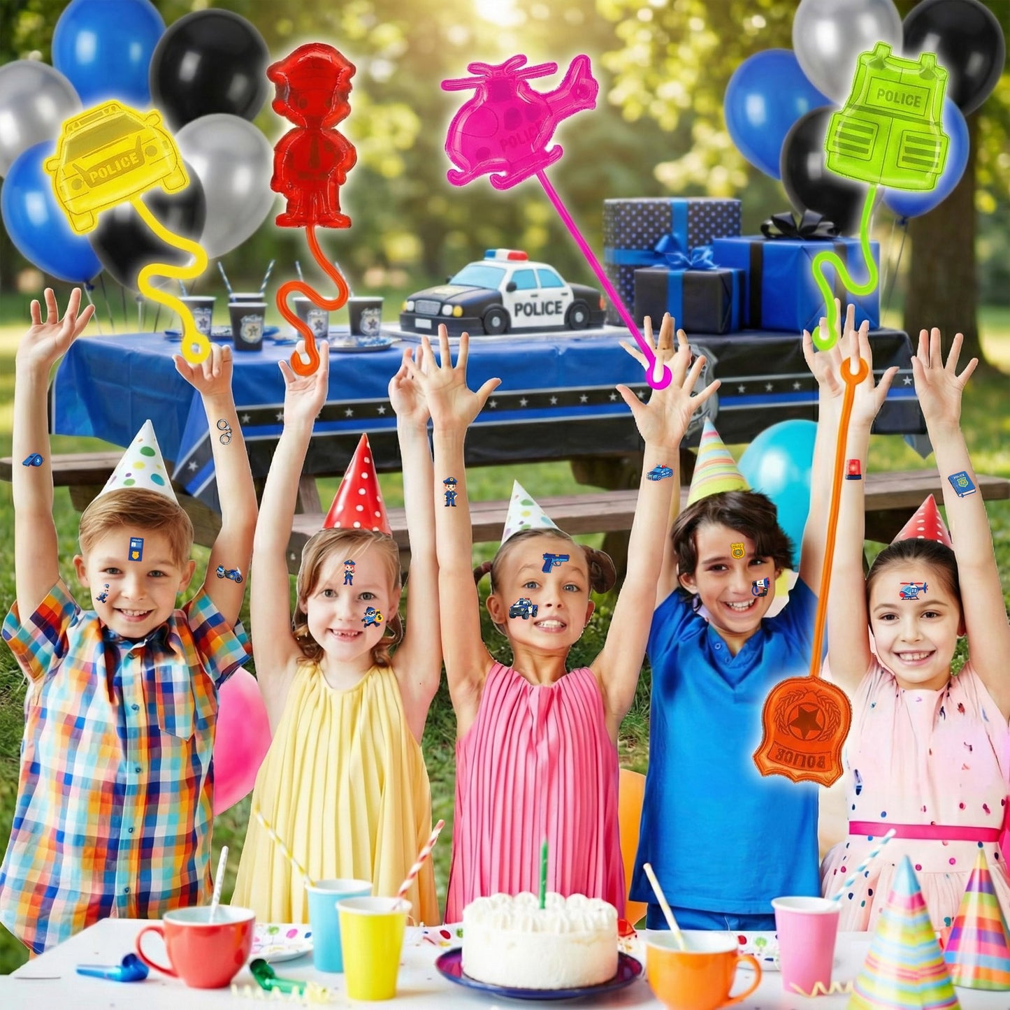 48PCS Police Party Favors - 24PCS Temporary Tattoos & 24PCS Stick Hands Party - Perfect Birthday Party Supplies, Goodie Bag Stuffers, Treasure Box Toys, Classroom Prizes, and Student Gifts