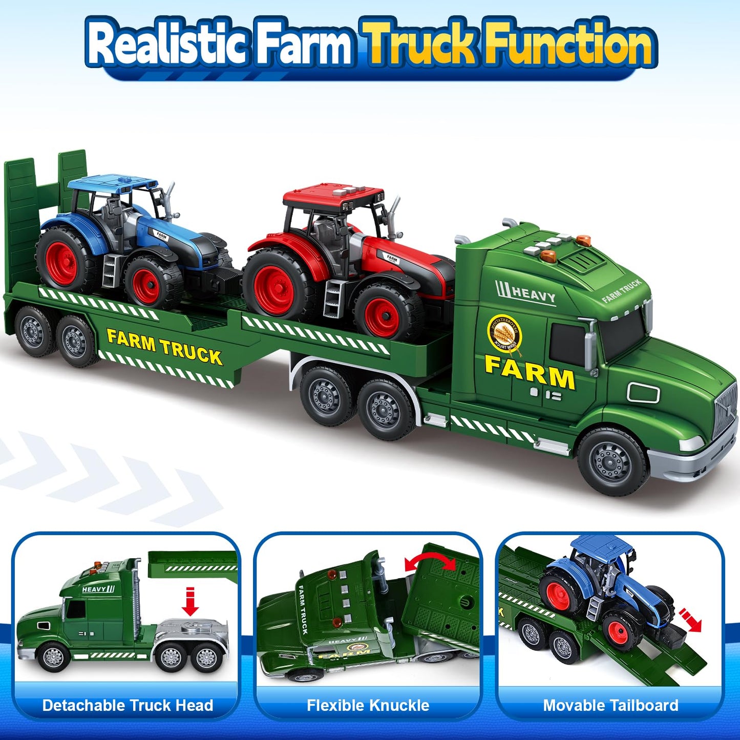 Bstoyder Toddler Boy Toys for 3 4 5 6 7 Years Kids, 27" Semi Flatbed Truck Toy with 2 Tractors, Friction Powered Vehicles Toys with Lights and Sounds, Birthday for Boy Girls