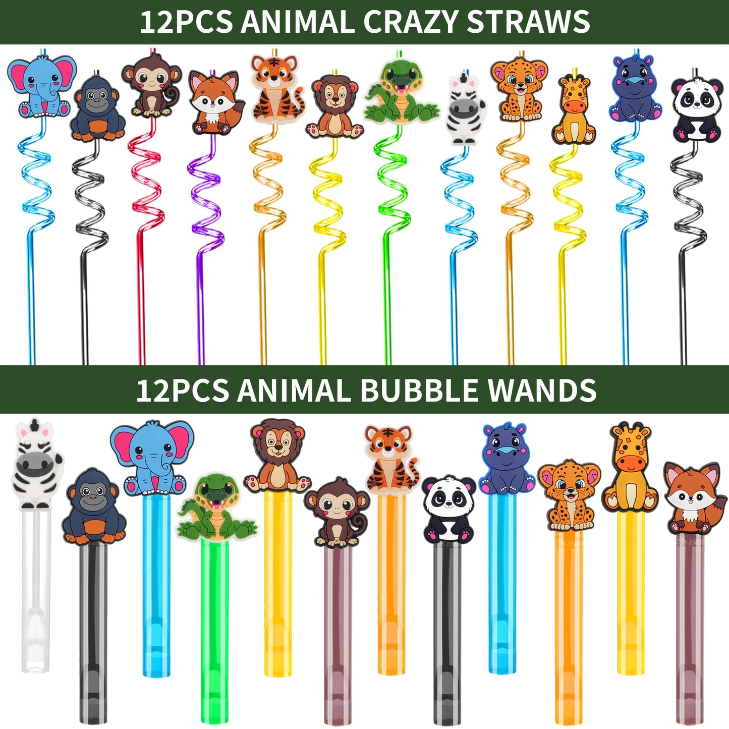 All-in-One - 256 Pcs Wild One Jungle Safari Birthday Party Decorations - Zoo Animal First Birthday Supplies Kit - Includes Favor Boxes, Bubble Wands, Straws, Party Hats, Stickers & Cake Toppers etc