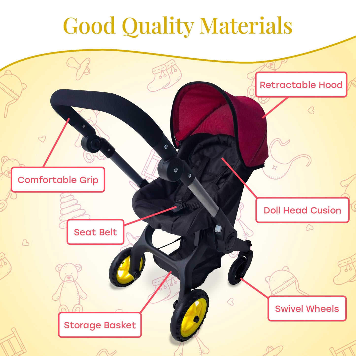 Baby Doll Car Seat Stroller Combo – Convertible 2 in 1 Doll Stroller and Car Seat for Kids – Fits Up to 20” Dolls – Play Toy Baby Stroller with Adjustable Handle for Girls Toddlers All Ages (Maroon)