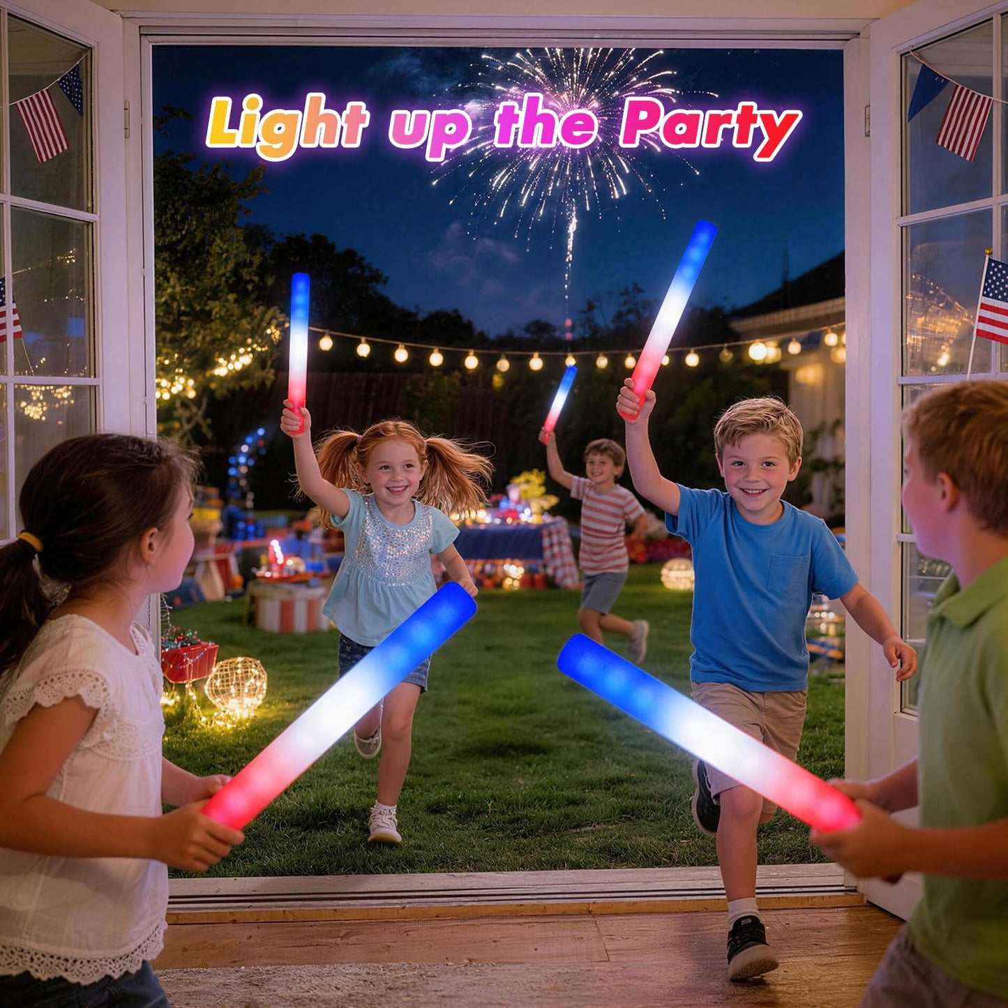 OLUPP 58 Pcs July 4th Glow Sticks, Foam Glow Sticks for 4th July, Red White Blue Glow in the Dark for Kids & Adults, Patriotic LED Light Up Supplies for Independence Day, Party Favors
