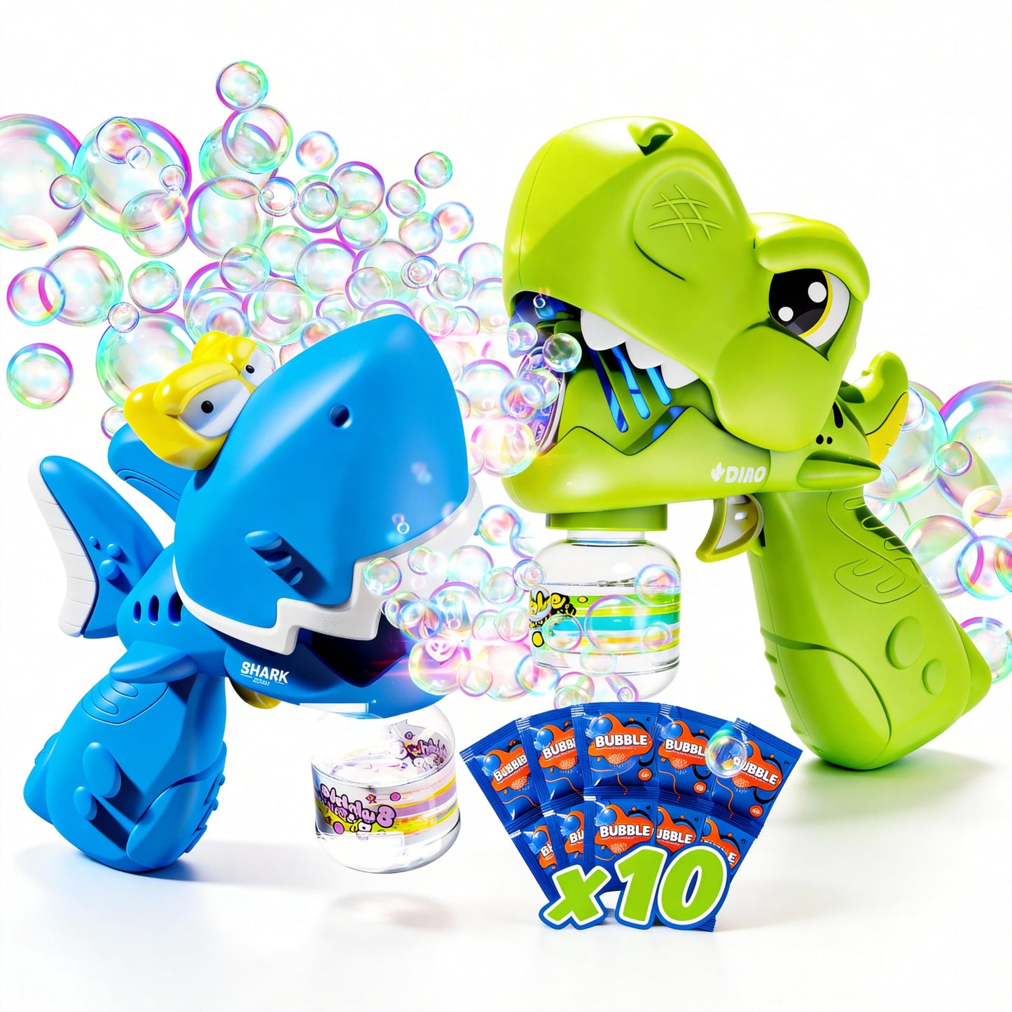Bubble Guns for Toddlers 1-3, 2 Pack Movable Mouth Dino & Shark Bubble Machine Toys, Chomping Action Automatic Bubble Blaster w/LED Lights & 10 Refills, Rechargeable Outdoor Party Gifts for Ages 3-8