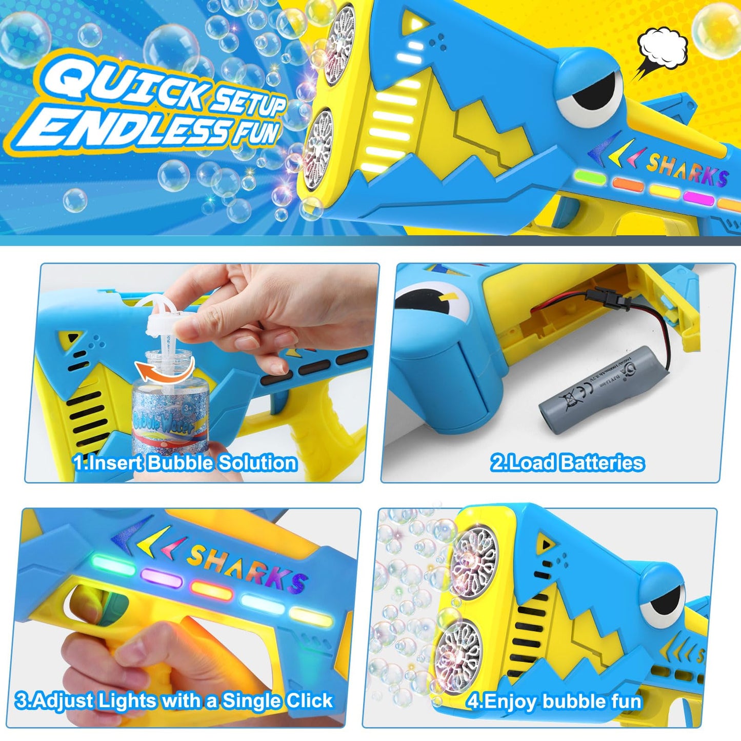 Britik Bubble Gun for Kids Ages 4-8: Shark Light Up Bubble Machine for Toddlers, Rechargeable, 2 Bubble Solution, Outdoor Toy Party Birthday Gift for 3 4 5 6 7 8 Year Old