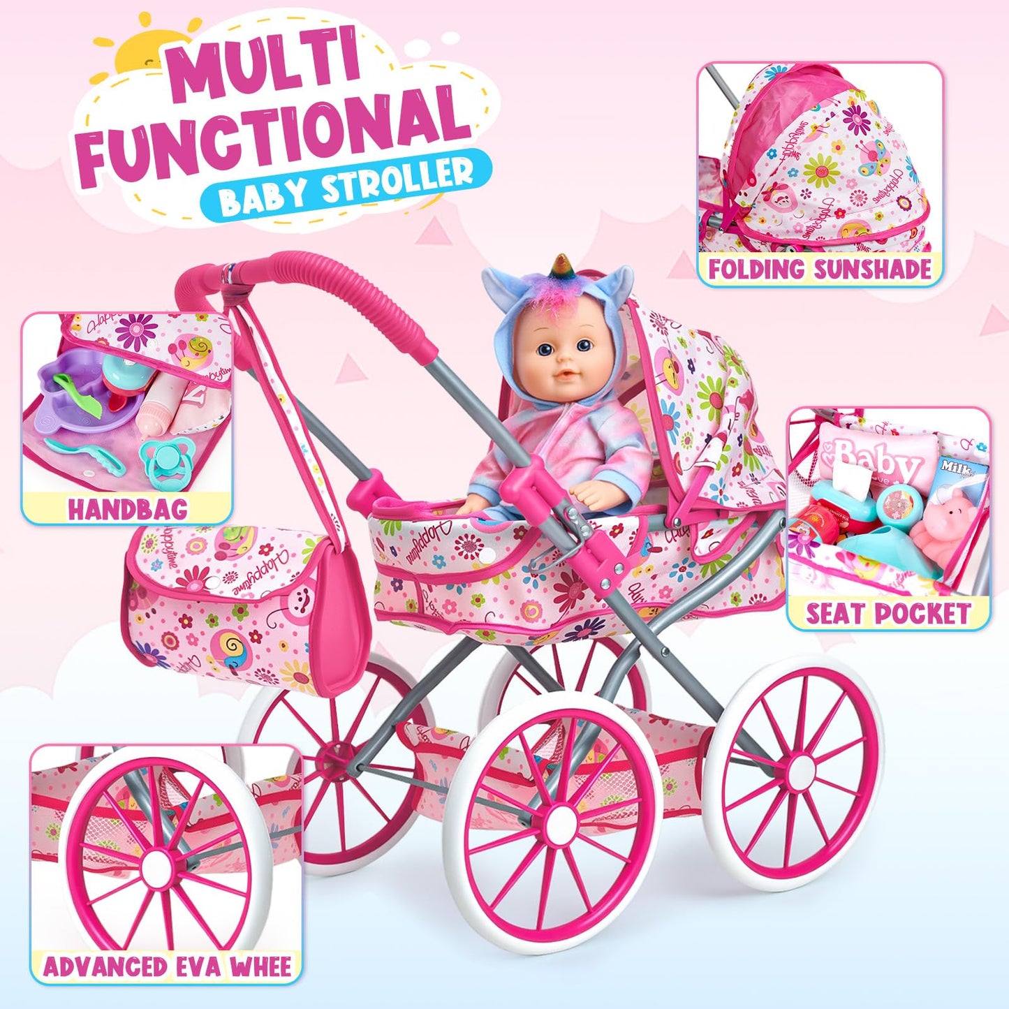 Golray 12 in Baby Doll Toys Set with Stroller for 3 4 5 6 Year Old Girl - 26pcs Babydoll with Accessories Rocking Horse/2 Clothes, Feeding Nursing Pretend Play Toddler Girl Toy Gift 3-5-7