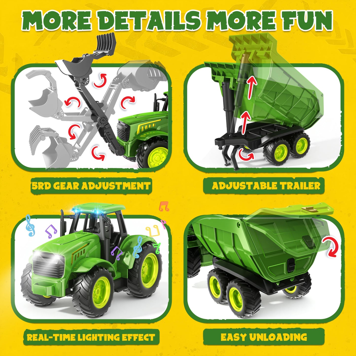 Funwee RC Farm Tractor Toy w/Light & Music, Kids Trailer Toy w/Front Loader & Farm Animal, 2.4GHz RC Tractor Truck Car for Boys & Girls, Toddler Vehicle Playset Age 3-8+ Year Old Gifts (Green)