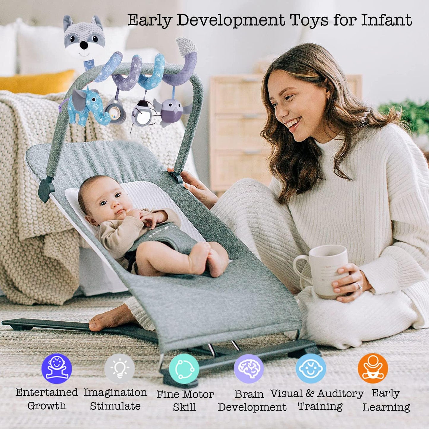 ORZIZRO Car Seat Toys, Baby Plush Spiral Hanging Toys for Stroller Crib Bar Bassinet Car Seat Mobile with Musical Owl BB Squeaker Elephant- Gray Fox