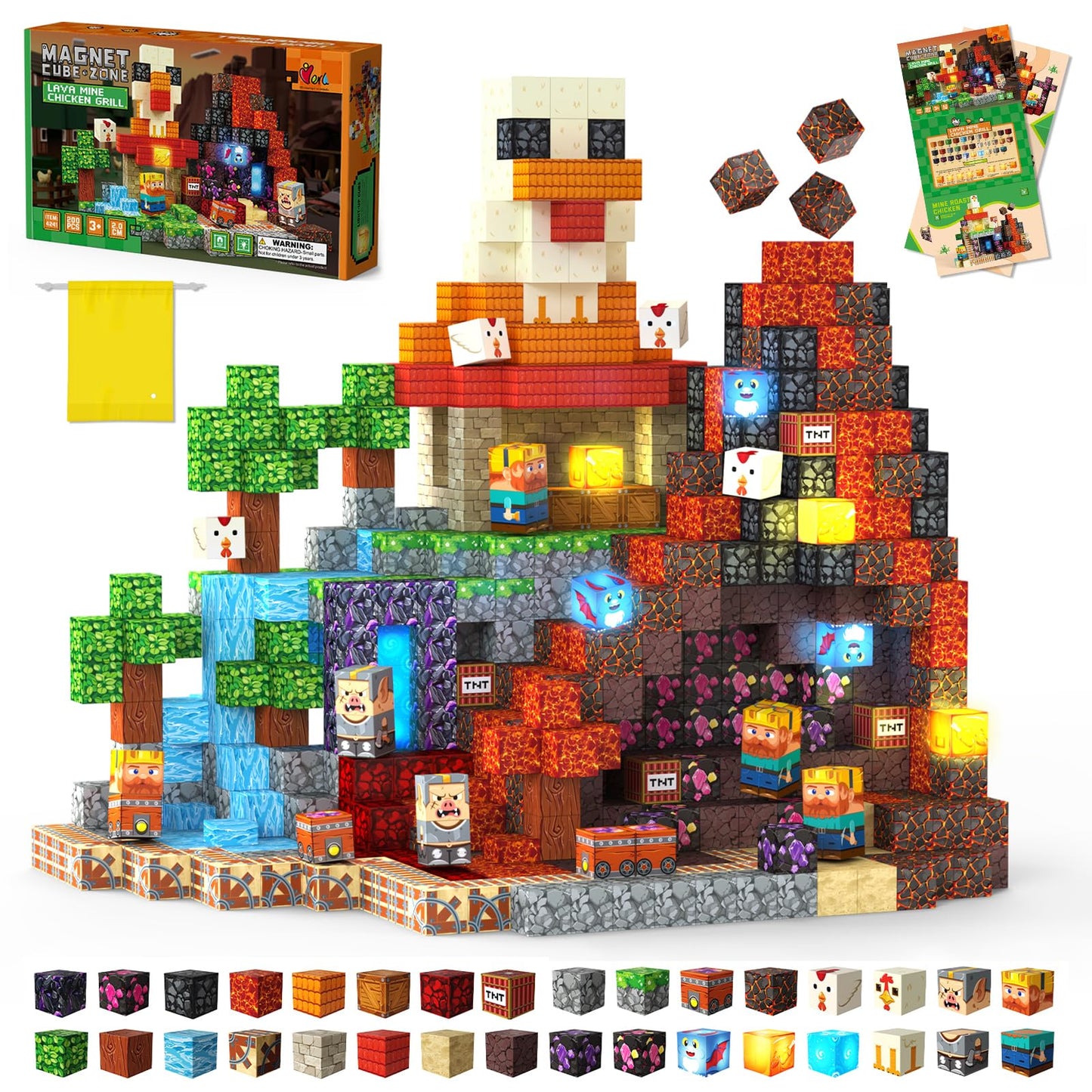Laoren 200PCS Magnetic Building Blocks Magnetic Blocks Cubes for Kids Ages 4-8 STEM Constructions Magnet Blocks Sensory Stacking Toy (Lava Grill Chicken-200pcs)