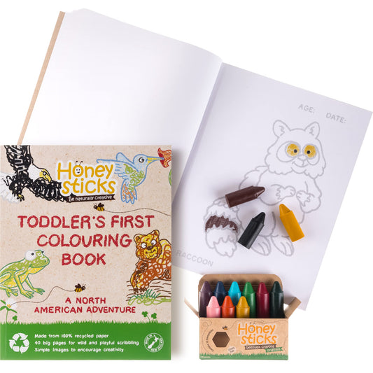 Honeysticks 100% Pure Beeswax Crayons Natural, Non Toxic, Safe for Toddlers, Kids and Children, Handmade in New Zealand, for 1 Year Plus (12 Pack with Book) Best Gift