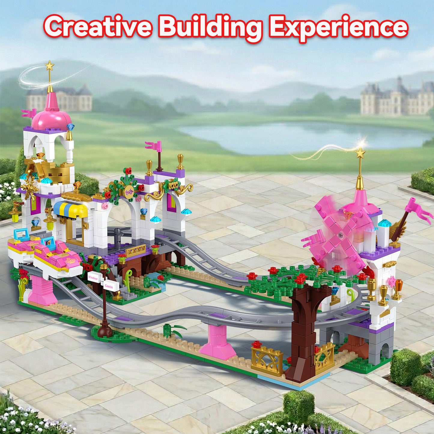 Leyic 2 in 1 Castle Roller Coaster Building Set, 749 Pcs STEM Amusement Park Construction Kit for Kids, Pink Playground Blocks Birthday Gift Toys for Girls Ages 6 8-12