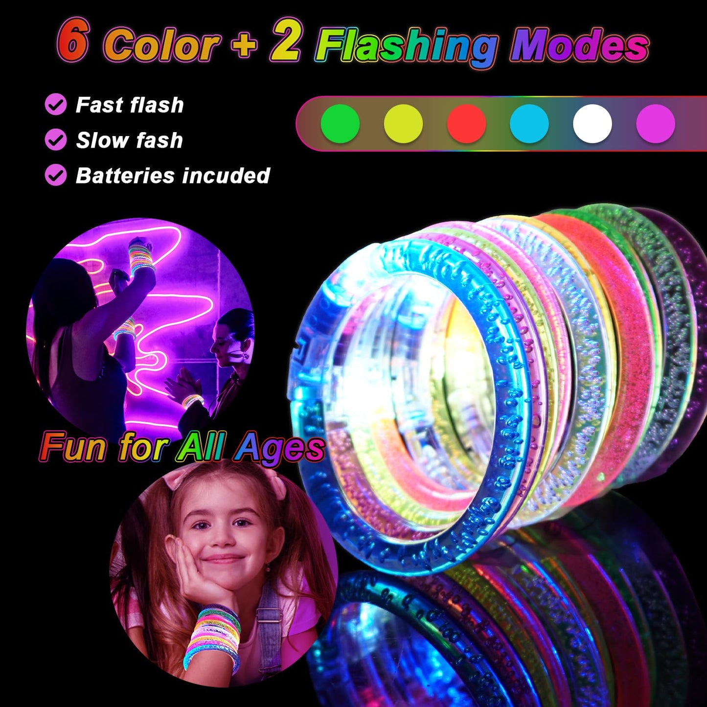 OLUPP 48 Pack LED Light Up Bracelets, Glow in the Dark Party Supplies, 6 Color Glow Bracelets, Rave Party Favors for Kids/Adults Birthday, Concert,Goodie Bag Fillers, New Year
