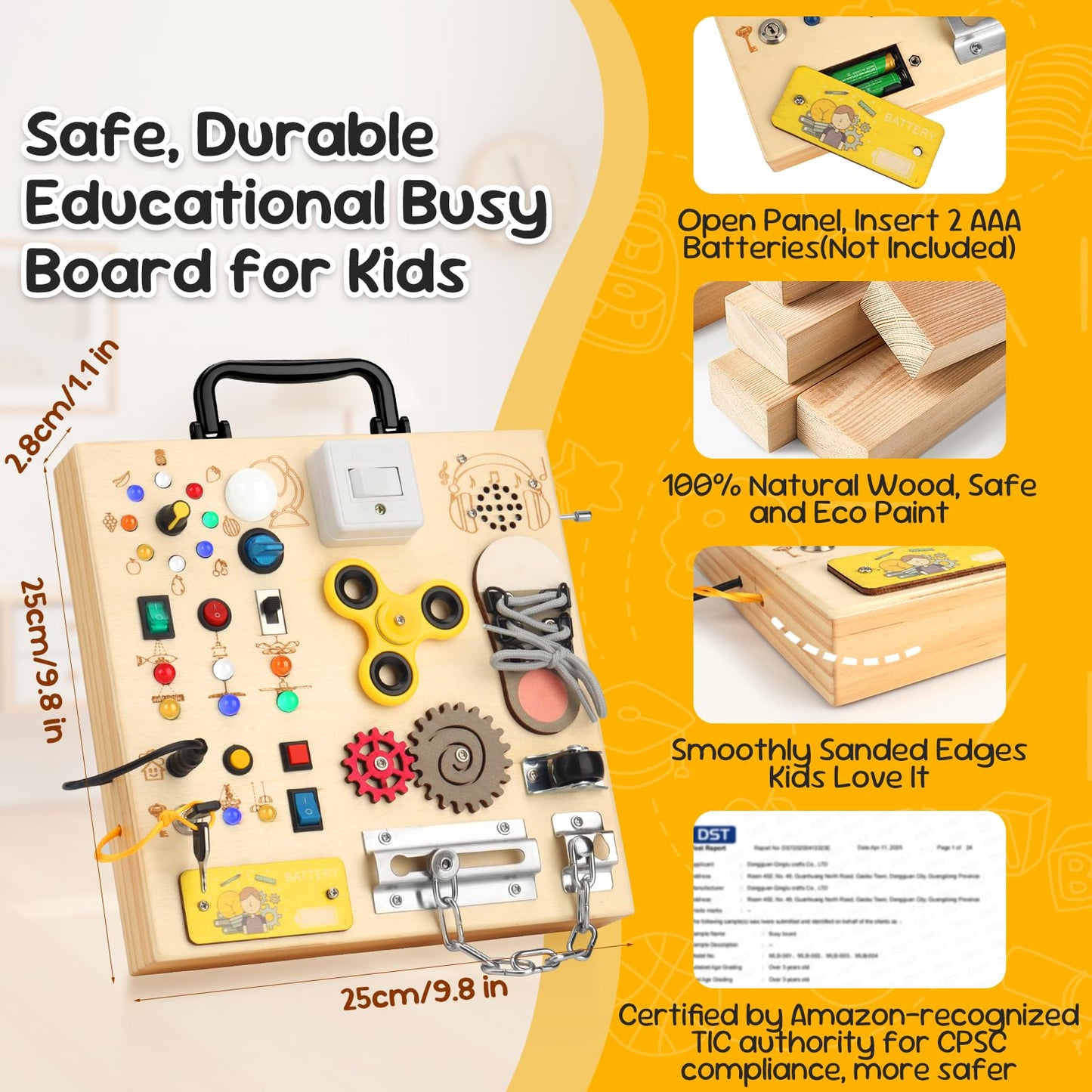 Wooden Busy Board with LED Light，Montessori Baby Learning Toys for Toddlers , Sensory Activity Board , Travel Educational Toy Boy & Girl Birthday Gift (Black Handle)