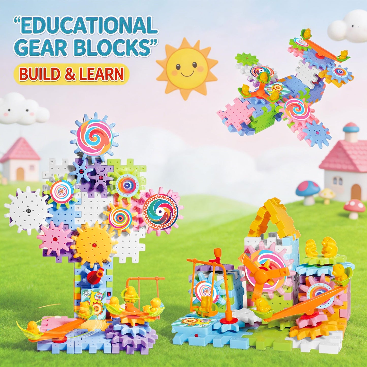 RivanPal 83 Pieces Gear Building Blocks Set Kids Tool Set, Colorful Interlocking Gears and Puzzle Pieces, Creative Construction Toy, STEM Learning