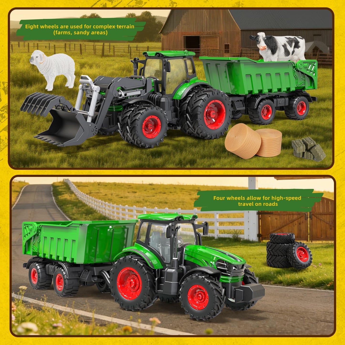 YKTrevok Remote Control Tractor Toy with Trailer | 2-in-1 8-to-4 Wheel Convertible Front Loader Tractor, Openable Doors & Hood with Lights, Farm Animals & Hay Bales, Gift for Kids Ages 3-9