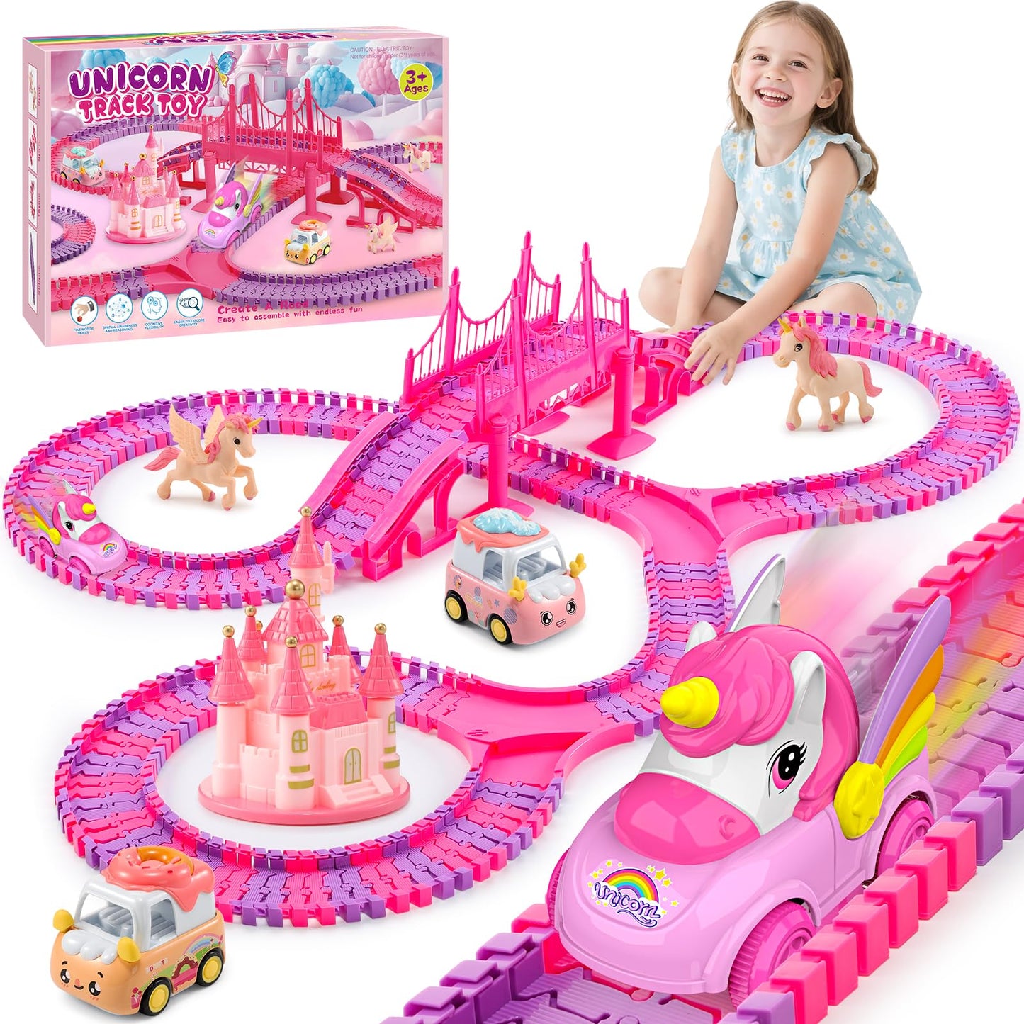 Aetyni Unicorn Toys Car Track for Kids Girls 4-6: 232 PCS Unicorn Monster Truck Race Track with 2 Pull Back Cars Toys for 3 4 5 6 7 Year Old Girl Toddler Christmas Birthday Gifts for Girl 3-5 6-8