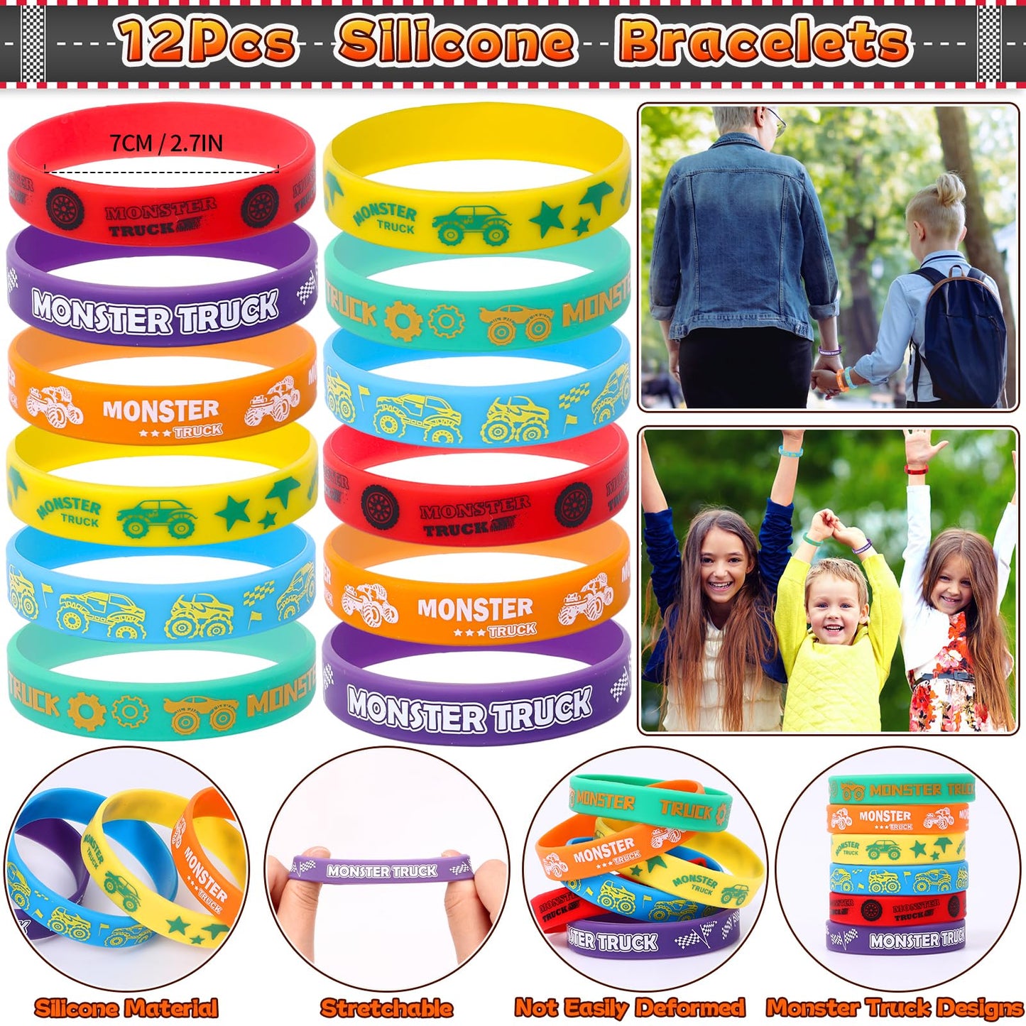 SNLN Monster Truck Party Favors Birthday Supplies for Boys Kids, Drawstring Bag Silicone Bracelet Keychain Tattoo Sticker Pinata Goodie Bag Stuffers Monster Truck Birthday Party Supplies Decor