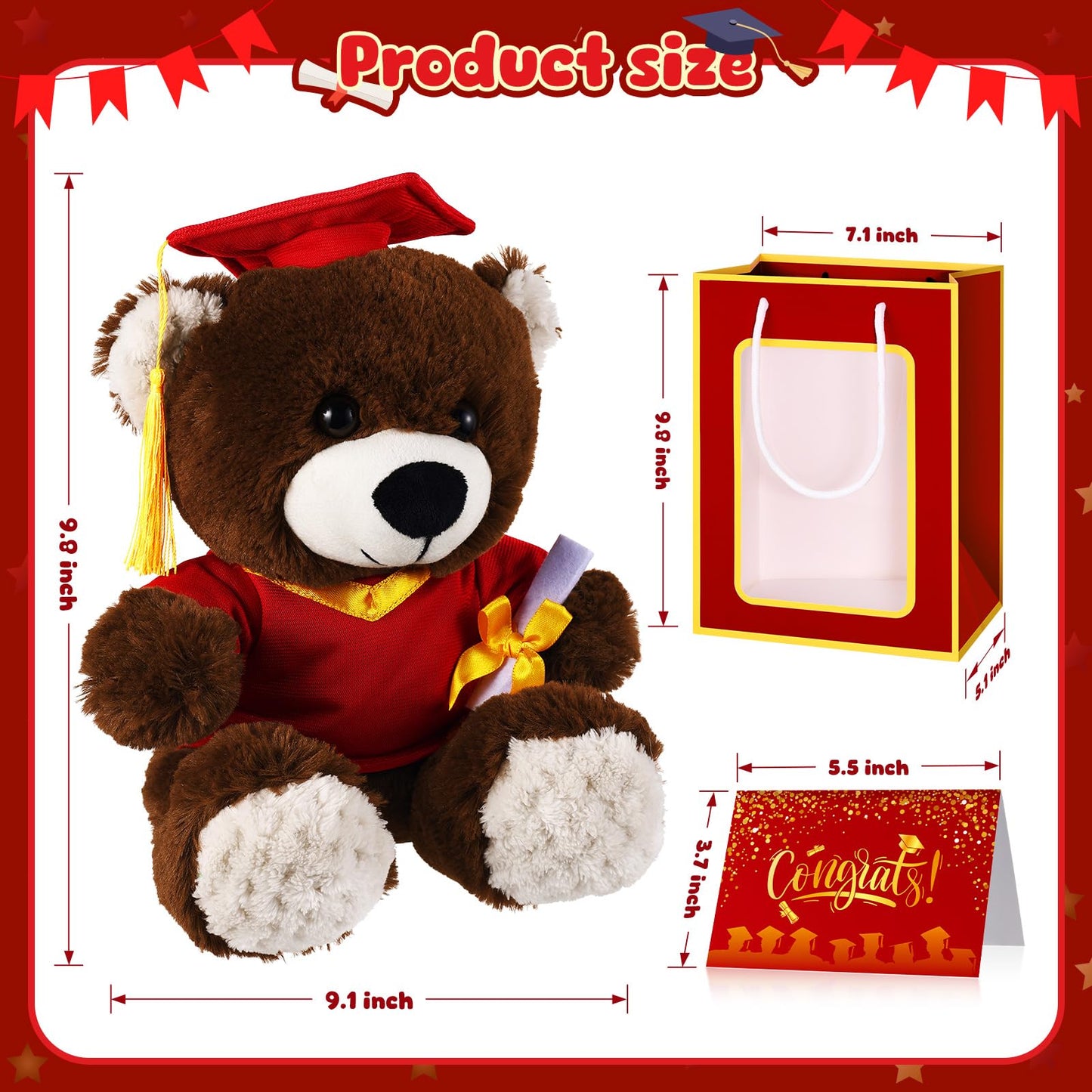 ZJoey Bear with Graduation Cap Toys Class of 2026 Plush Stuffed Teddy Bear Animal Dog Cap and Gown with Greeting Card and Bag for Graduation Day Gift(Red)