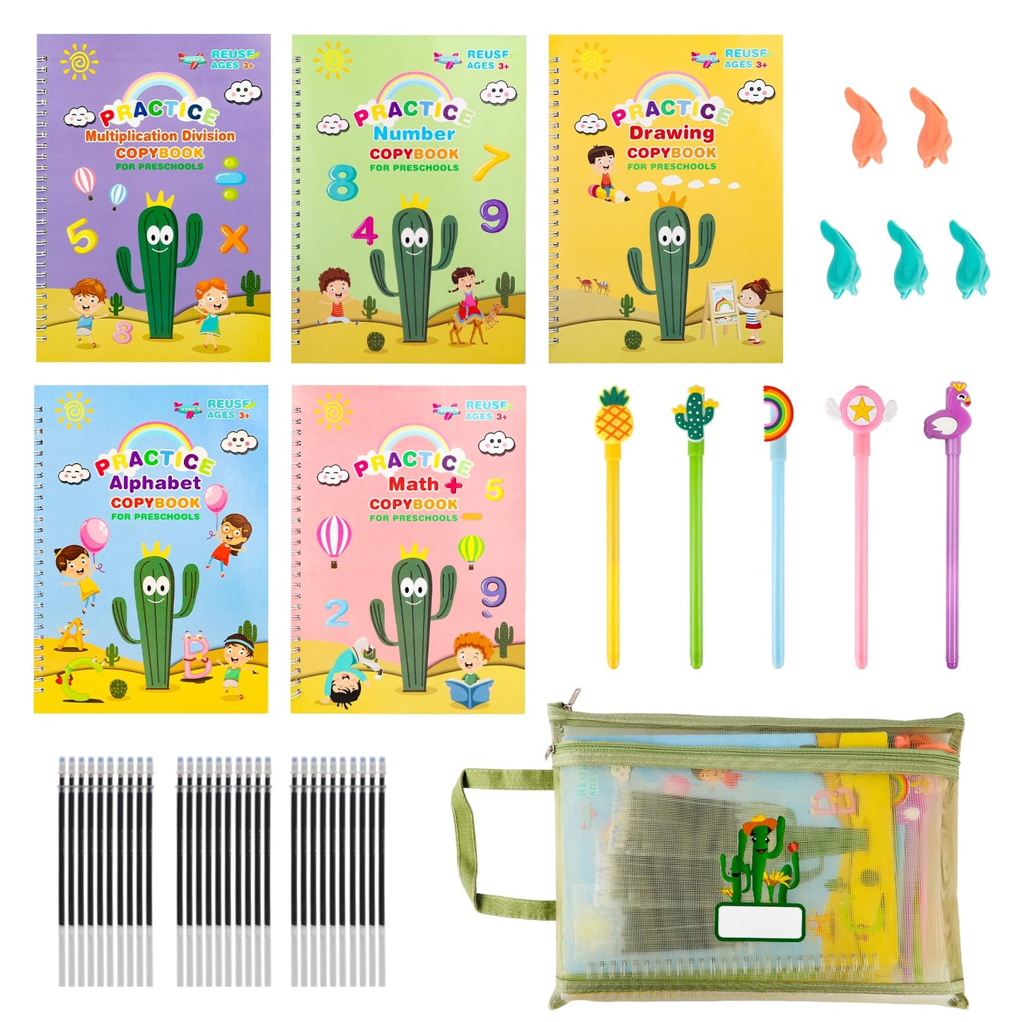 PracticeJQDEN Large Reusable Grooved Handwriting Practice Workbooks for Kids Ages 3-8 Magic Disappearing Ink & 3D Groove Preschool Kindergarten Children Writing Books 5-Book Set with Pen Grips