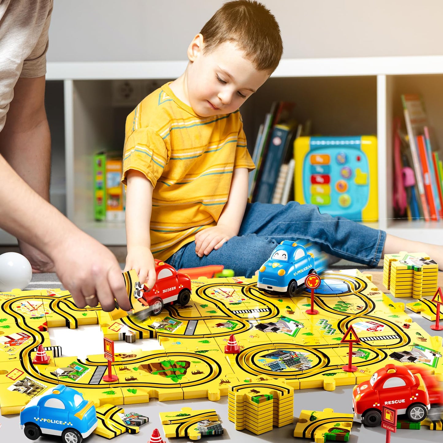 Bennol 56Pcs Puzzle Race Car Track Set Toys for Kids Floor Puzzle Tracks Car Gifts for 3 4 5 Year Old Boys Kids Toys Gifts for 3 4 5 Year Old Boys Puzzle Racer Set for Ages 3-5 4-6