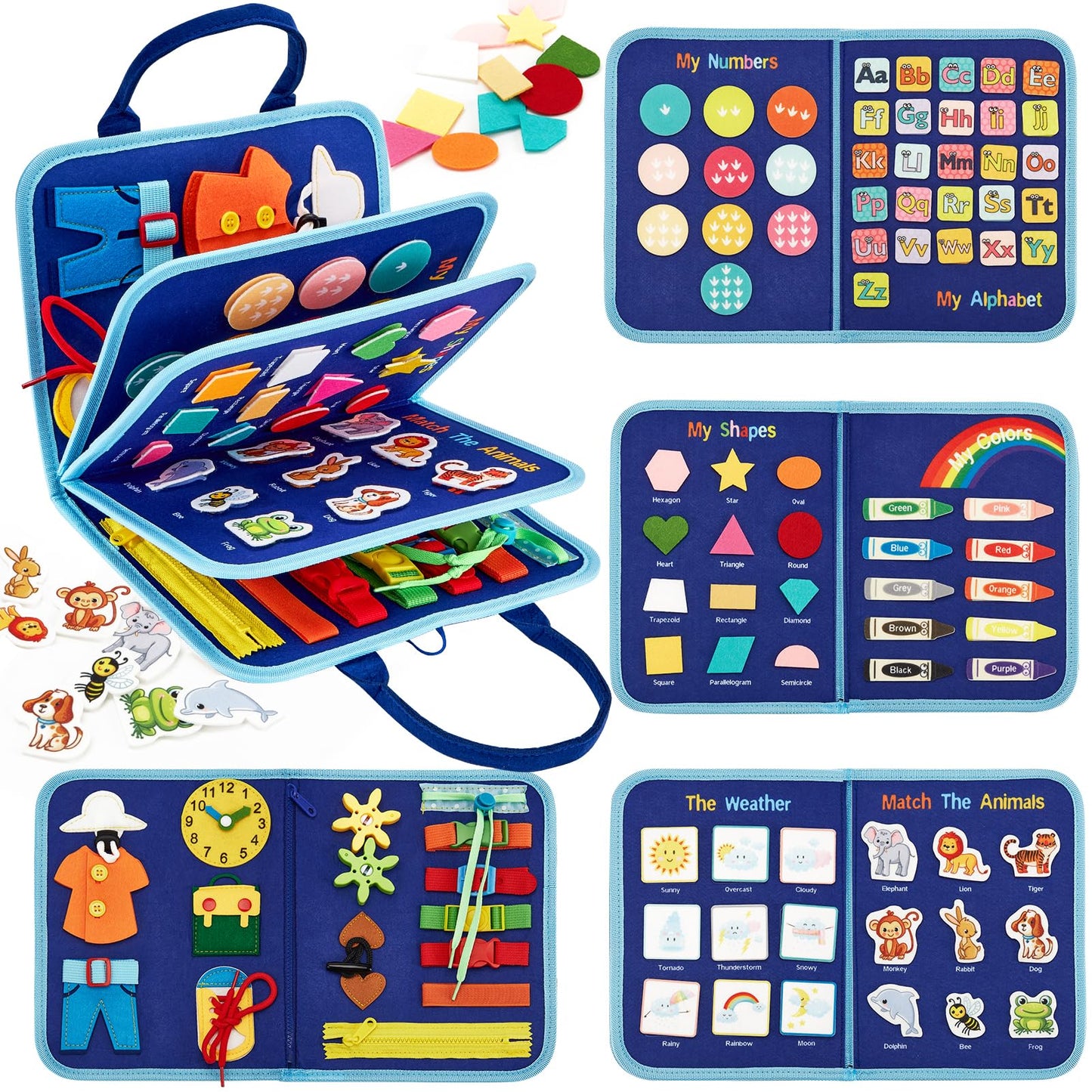 hahaland Busy Board for Toddlers - Montessori Toys Preschool Learning Activities with Life Skills, Alphabet, Number, Shape, Color, Animal, Weather - Toddler Boy Learning Educational Toys, Travel Toys
