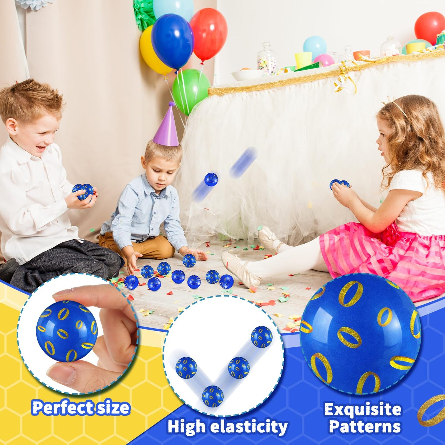 Foilswirl 24 Pcs Blue and Golden Rings Party Favors Bouncy Balls 35mm Blue Gold Ring Bouncing Balls for Kids, Rubber Party Favor Toys for Cartoon Theme Birthday, Bag Fillers, Classroom Prizes