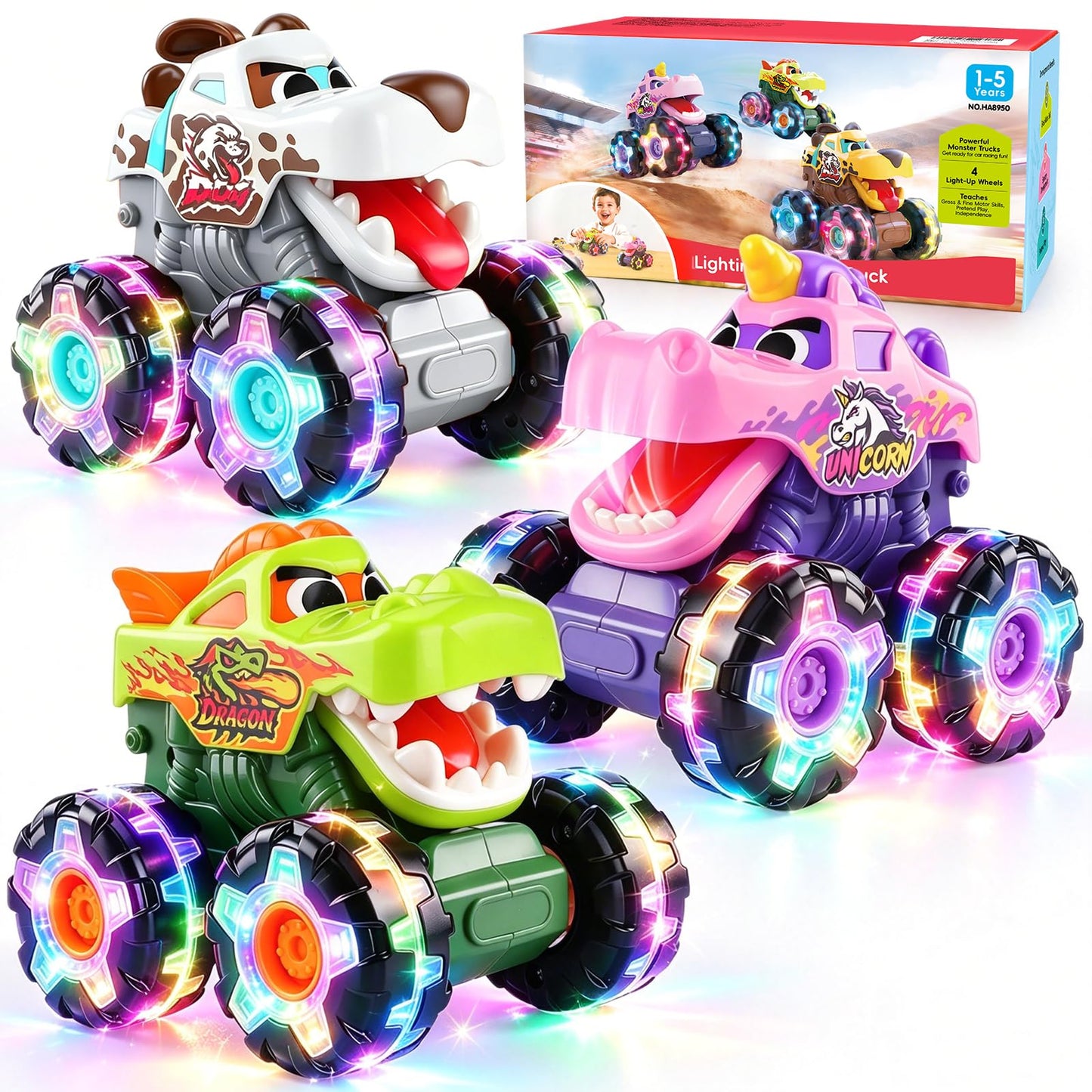 OCATO Monster Truck Toys for 1 2 3 4 Year Old Boy Birthday Gift, Light Up Monster Trucks Inertia Toy Cars for Toddlers 1-3 Soft Light Glowing LED Wheels, Baby Toddler Kids Boy Toys Gifts Age 1 2 3 4 5