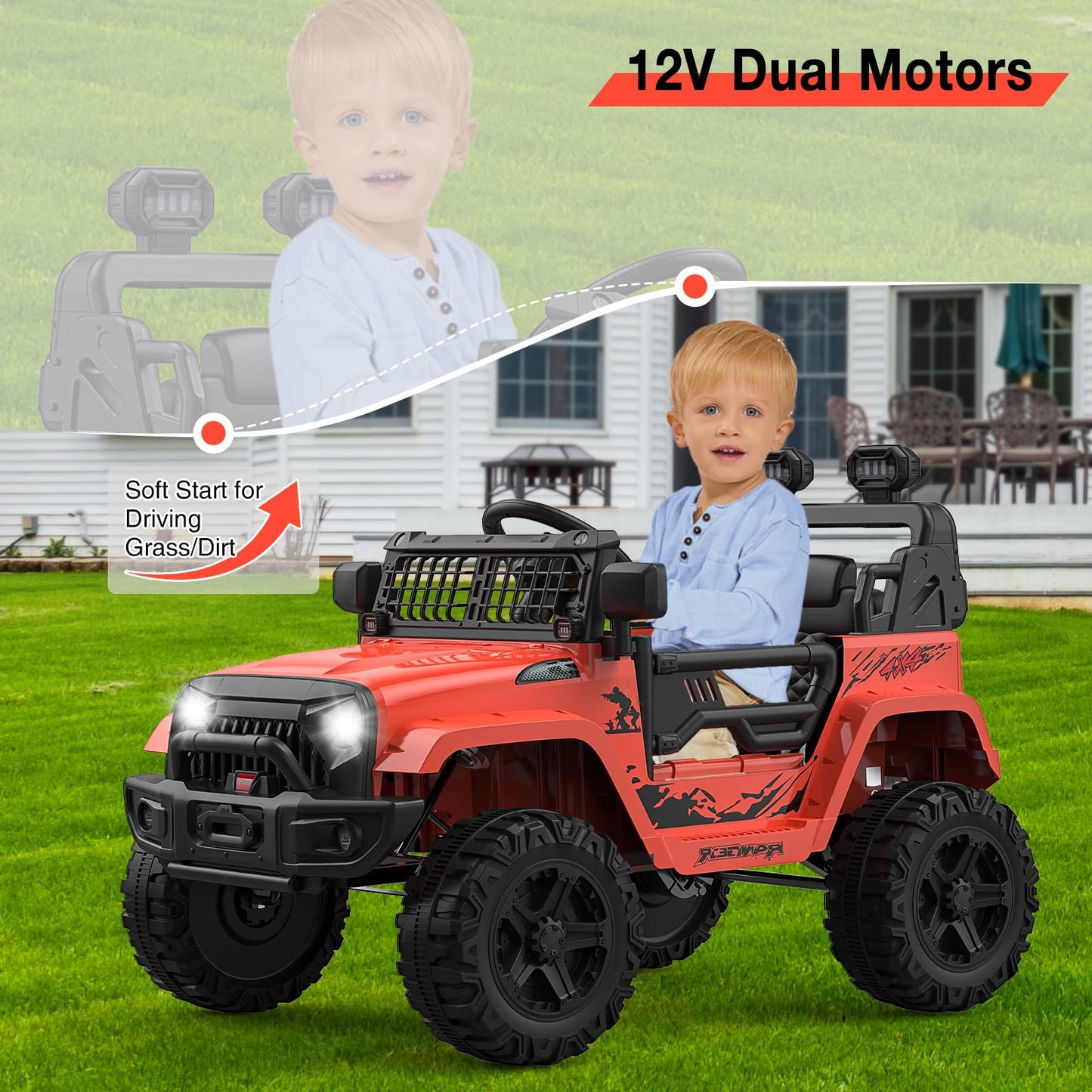 GarveeLife 12V Kids Electric Ride On Truck Car w/Parent Remote Control, Spring Suspension, LED Lights & AUX Port | Outdoor Ride Toy for Boys Girls