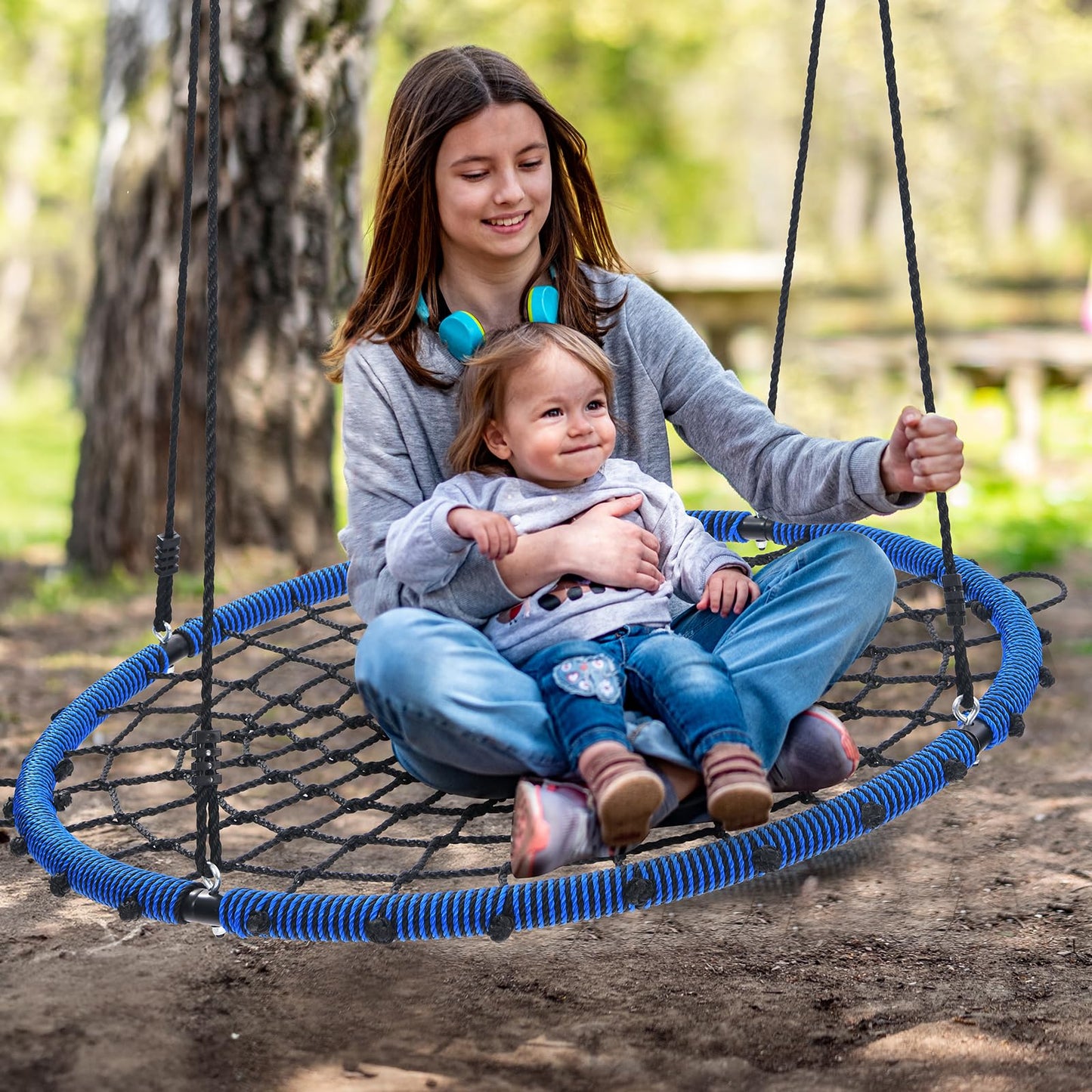 Trekassy 45" 750lbs Spider Web Tree Swing for Kids & Adults, Outdoor Steel Frame Saucer Net Swing with Swivel, Adjustable Ropes + 2 Tree Hanging Straps - Blue (Patented)