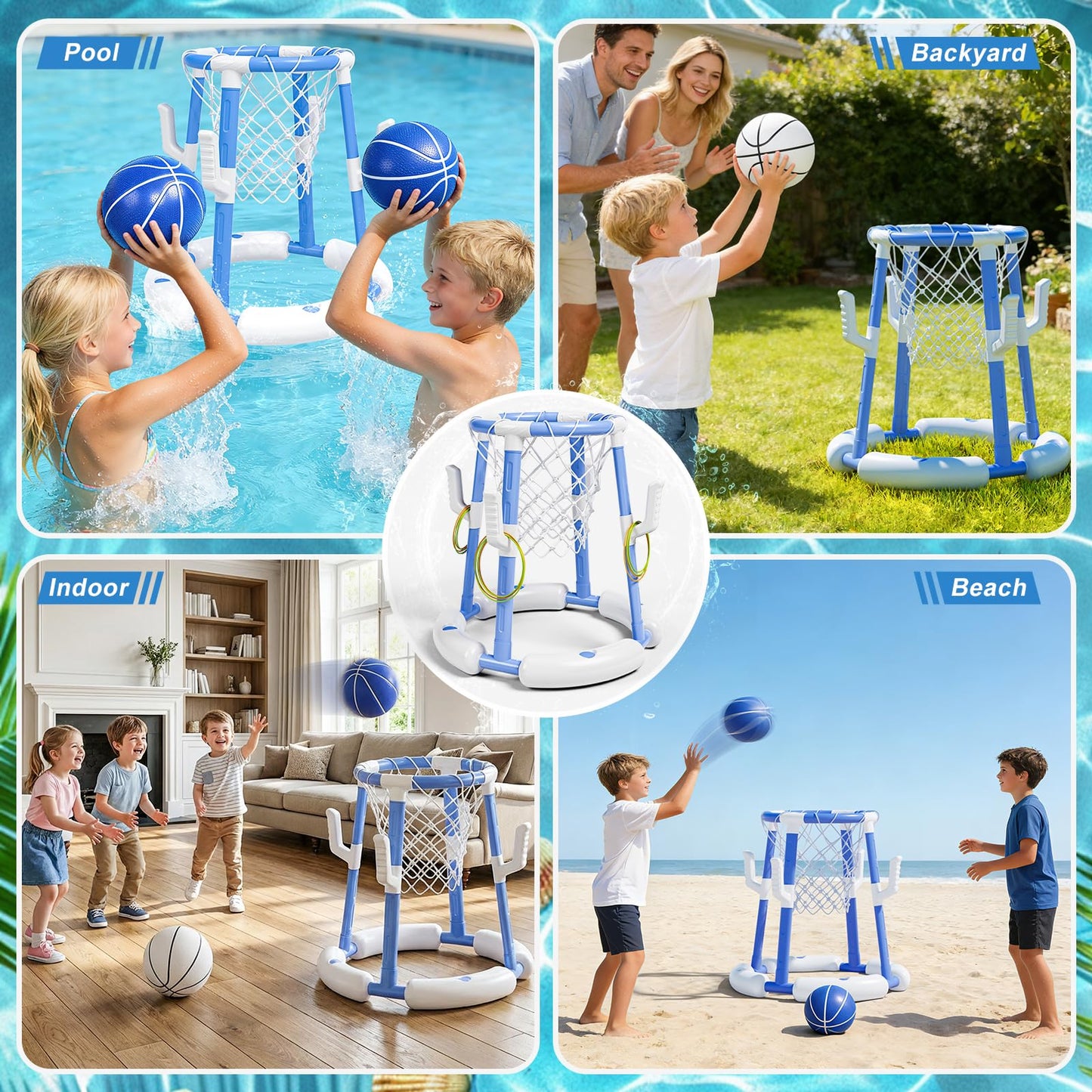 Pool Basketball Hoop&Ring Toss Game 2-in-1 Floating Pool Toy with 4 Balls 8 Rings&Pump,Outdoor Swimming Basketball Party Games Water Play Toy Anti-Tip Stable Base Summer Gift for Kid 4-8 8-12& Adult