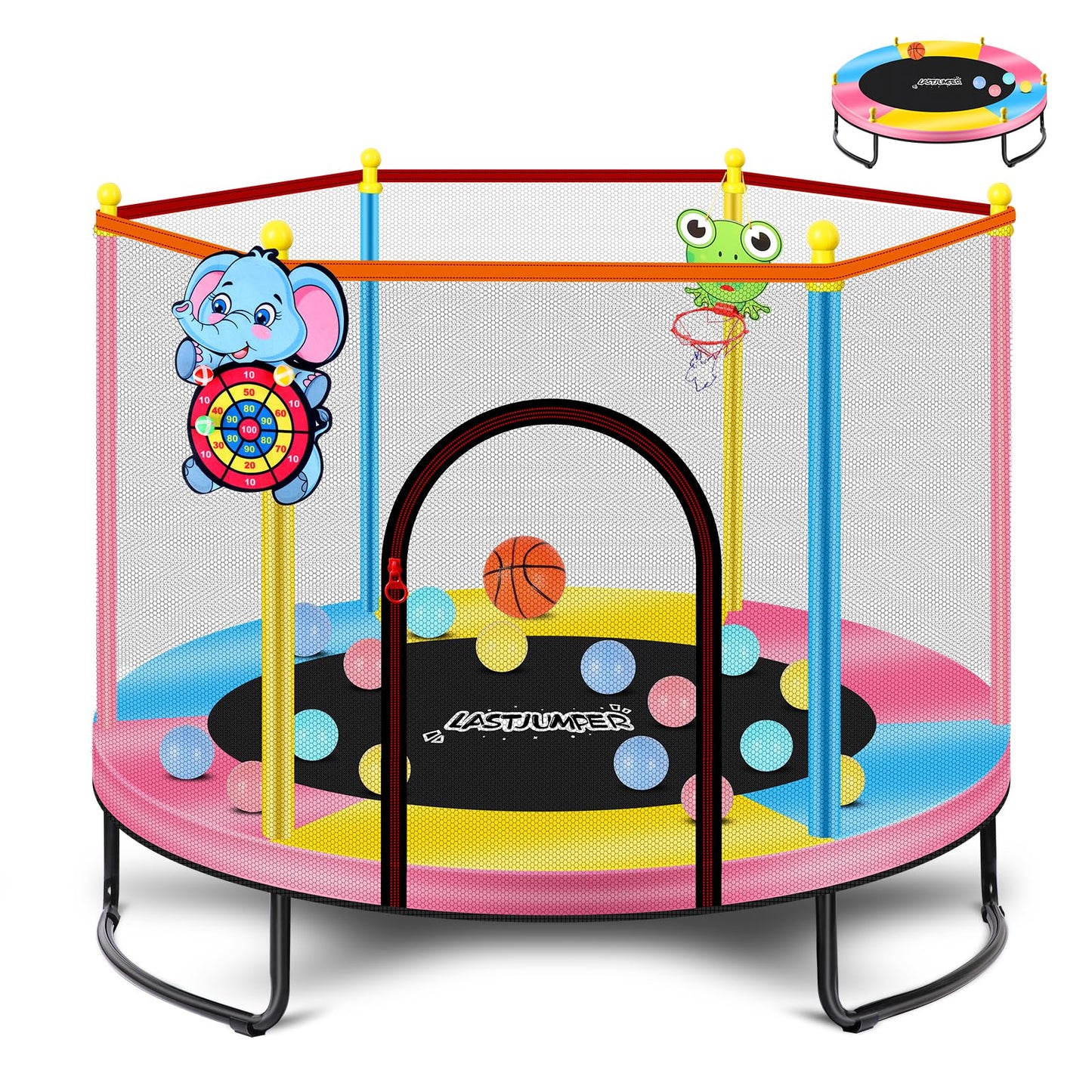 LASTJUMPER 60''/5ft Pink Toddler Trampoline Indoor，Small Trampoline for Kids with Safety Enclosure, Basketball Hoop & Ocean Balls, Birthday for Toddlers 1-3