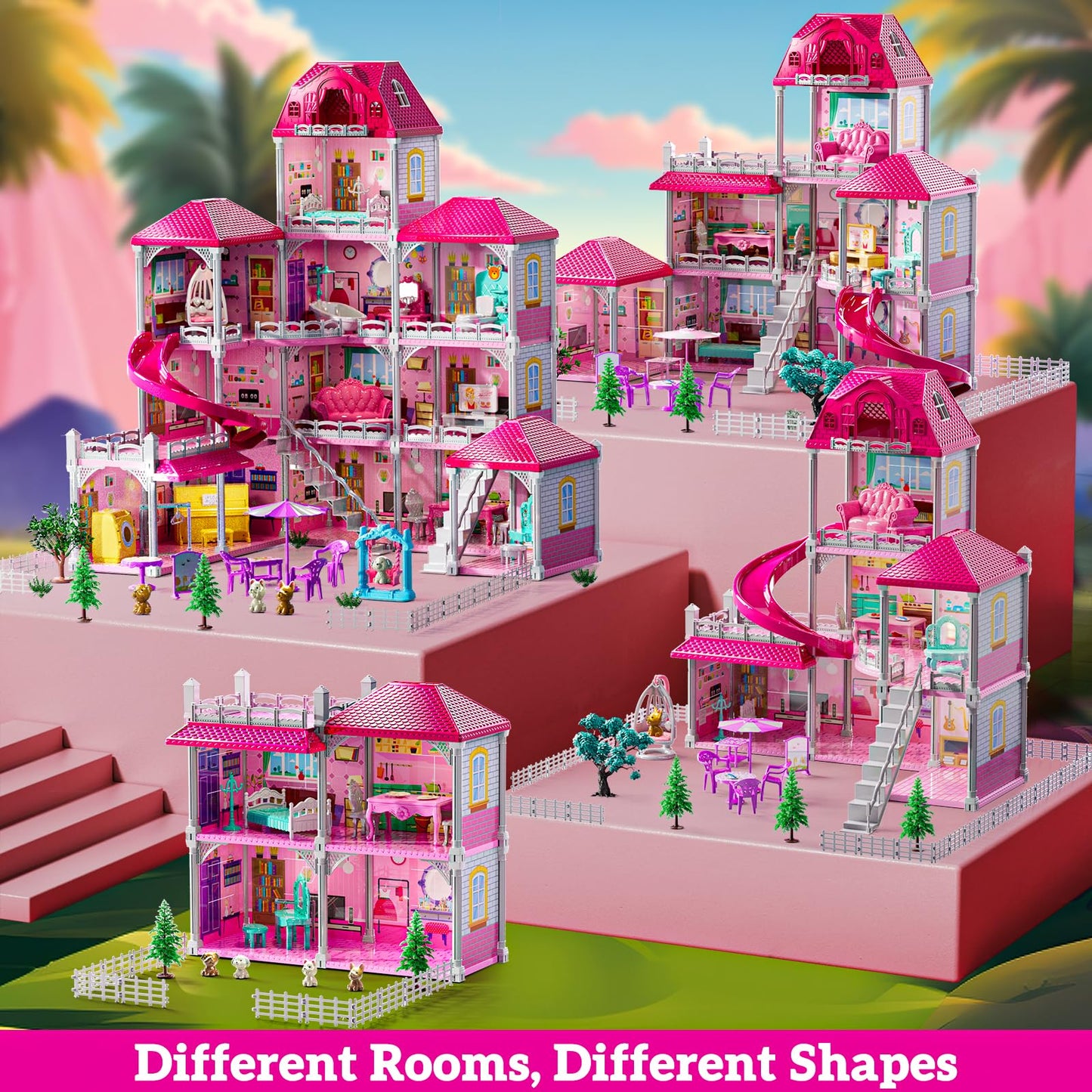 JUKUDAHU Villa Playset for Girls Ages 3-7, 4-Story 12 Room House with 2 Dolls, Furniture and Accessories, Indoor Playset Girls Toys for Ages 6-8, Pretend Toddler Toy, Birthday Gifts for Kids 4-8