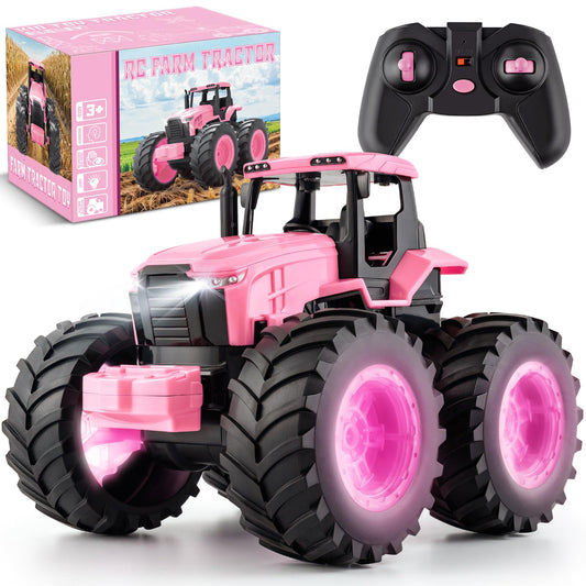 Remote Control Monster Tractor Toy for 3, 4, 5, 6, 7 years old, Pink Light Up Monster Trucks Toy with LED Lights Toddlers RC Farm Vehicle Toys for Boys ＆ Girls Ideal Christmas, Birthday Gifts for Kids