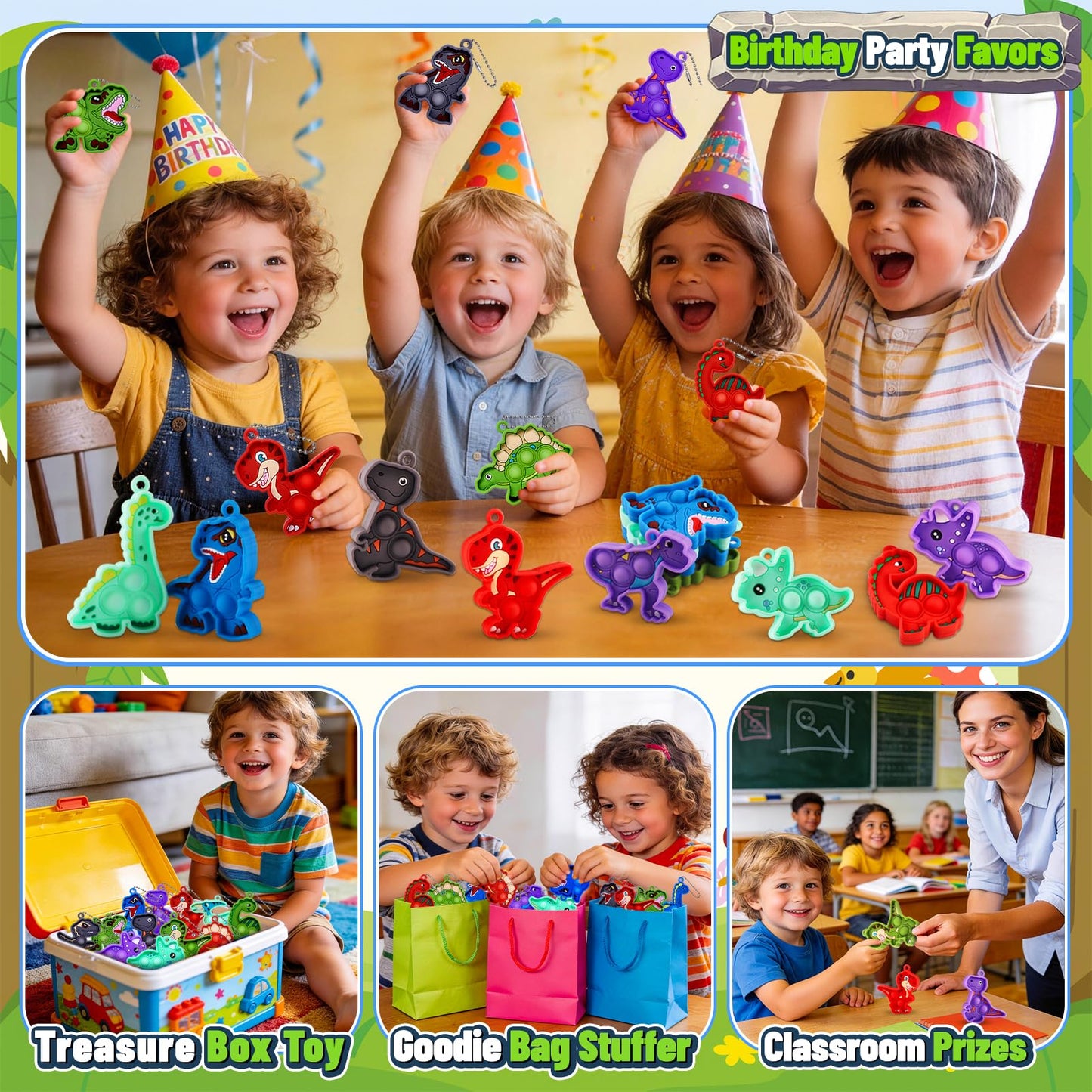 Kiss Monkey 24 Pack Dinosaur Party Favors for Kids, 12 Styles Dinosaur Silicone Fidget Keychains Bulk, Pop Sensory Fidget Toys, Birthday Goodie Bag Fillers, Classroom Prizes for Boys Girls