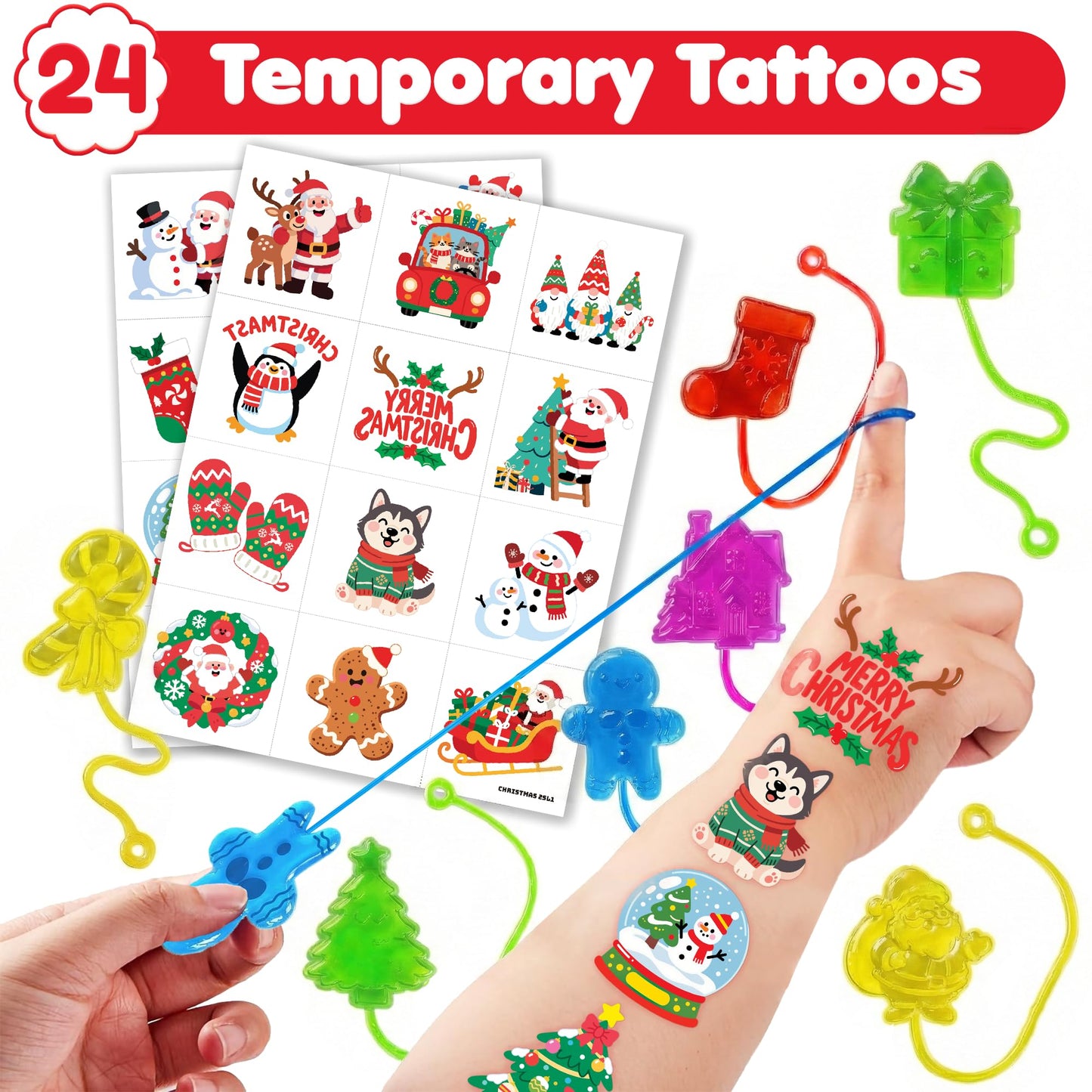 48PCS Christmas Party Favors - 24PCS Temporary Tattoos & 24PCS Stick Hands - Perfect Birthday Party Supplies, Goodie Bag Stuffers, Treasure Box Toys, Classroom Prizes, and Student Gifts