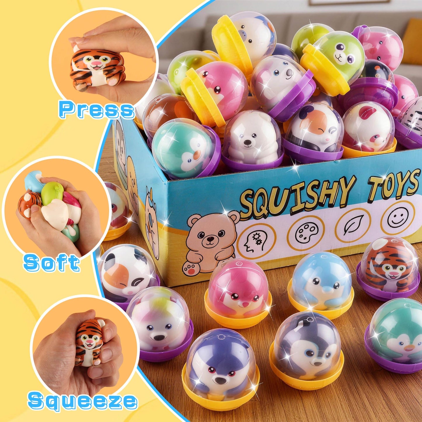 KissFree 40 PACK Slow Rising Squeeze Toys, 2 Inch Plastic Capsules Filled with Squishies, Party Favors for Kids 4-12, Goodie Bags Stuffers, Birthday Gifts, Classroom Prizes